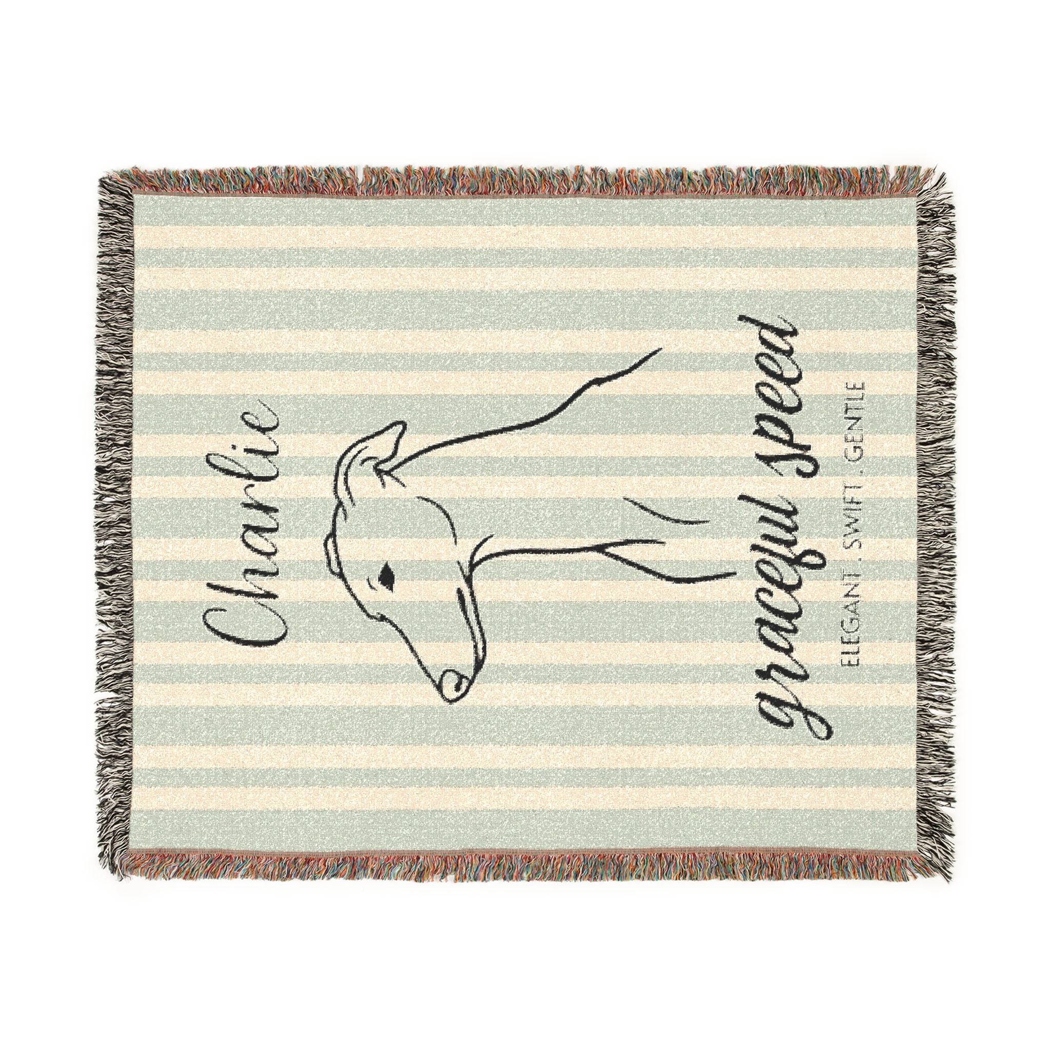 Custom Name Greyhound Minimalistic Line Art Woven Blanket — "Graceful Speed - Elegant, Swift, Gentle" Striped Dog Throw — view 7