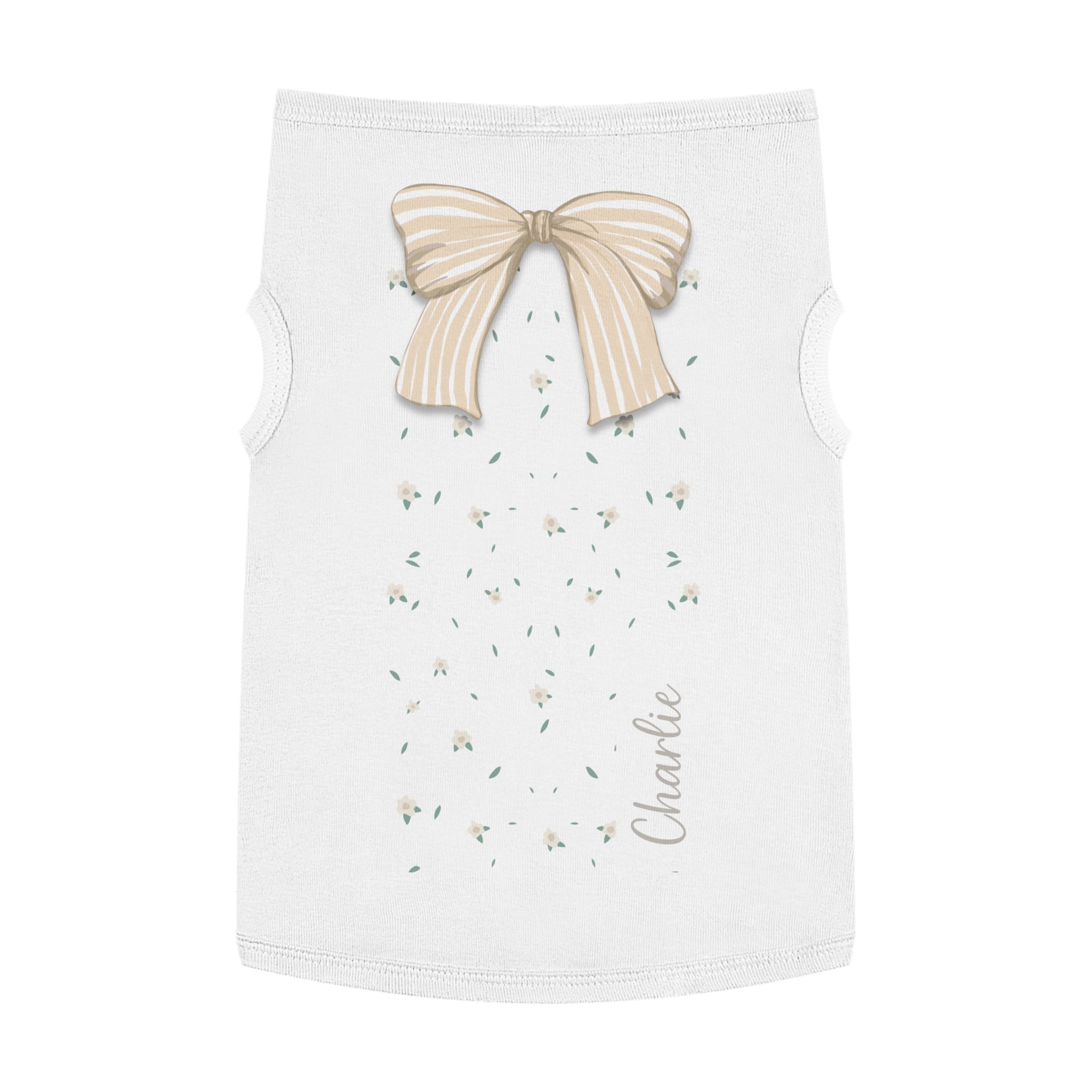 The Striped Ribbon Bow Custom Name Dog Tank Top | Neutral Ribbon Bow & Floral Pet Vest | Quiet Luxury Coquette Dog Clothes — view 3