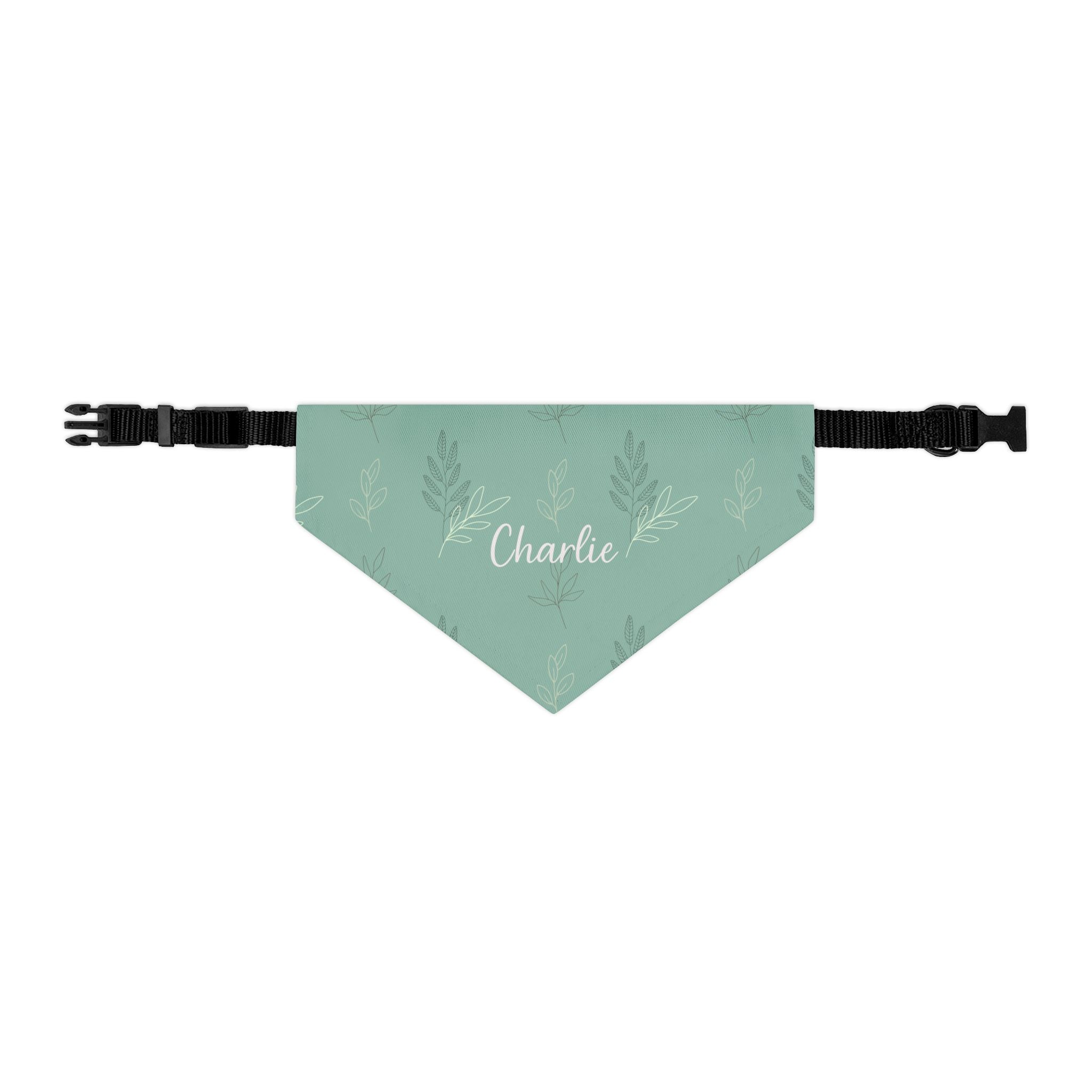 Custom Name Sage Green Botanical Dog Bandana | Adjustable Collar Bandana with Leash D-Ring | Minimalist Luxury Neutral Pet Accessories — view 2