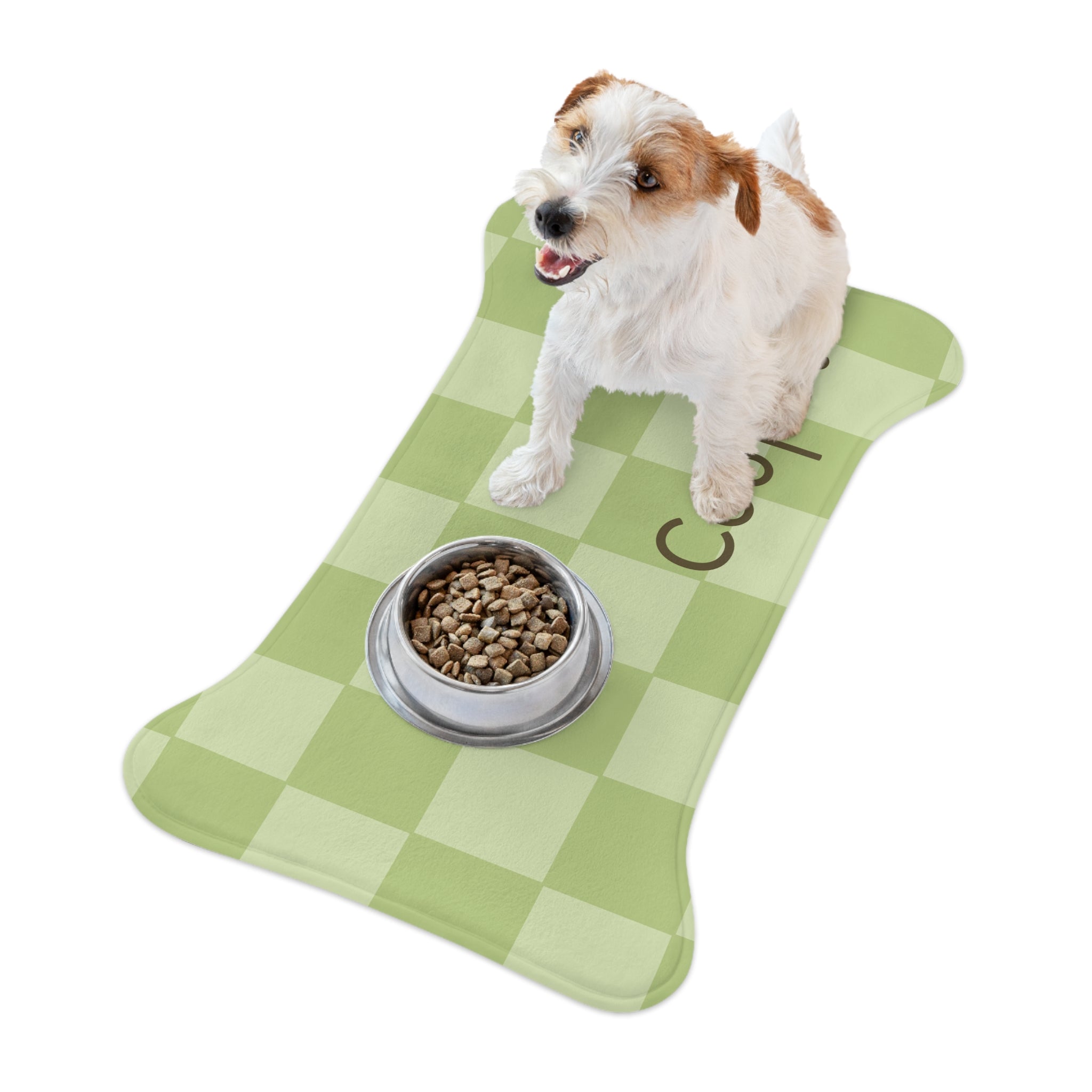 Sage Green Personalized Checkered Pet Feeding Mat — Custom Name Dog Bowl Placemat — view 7