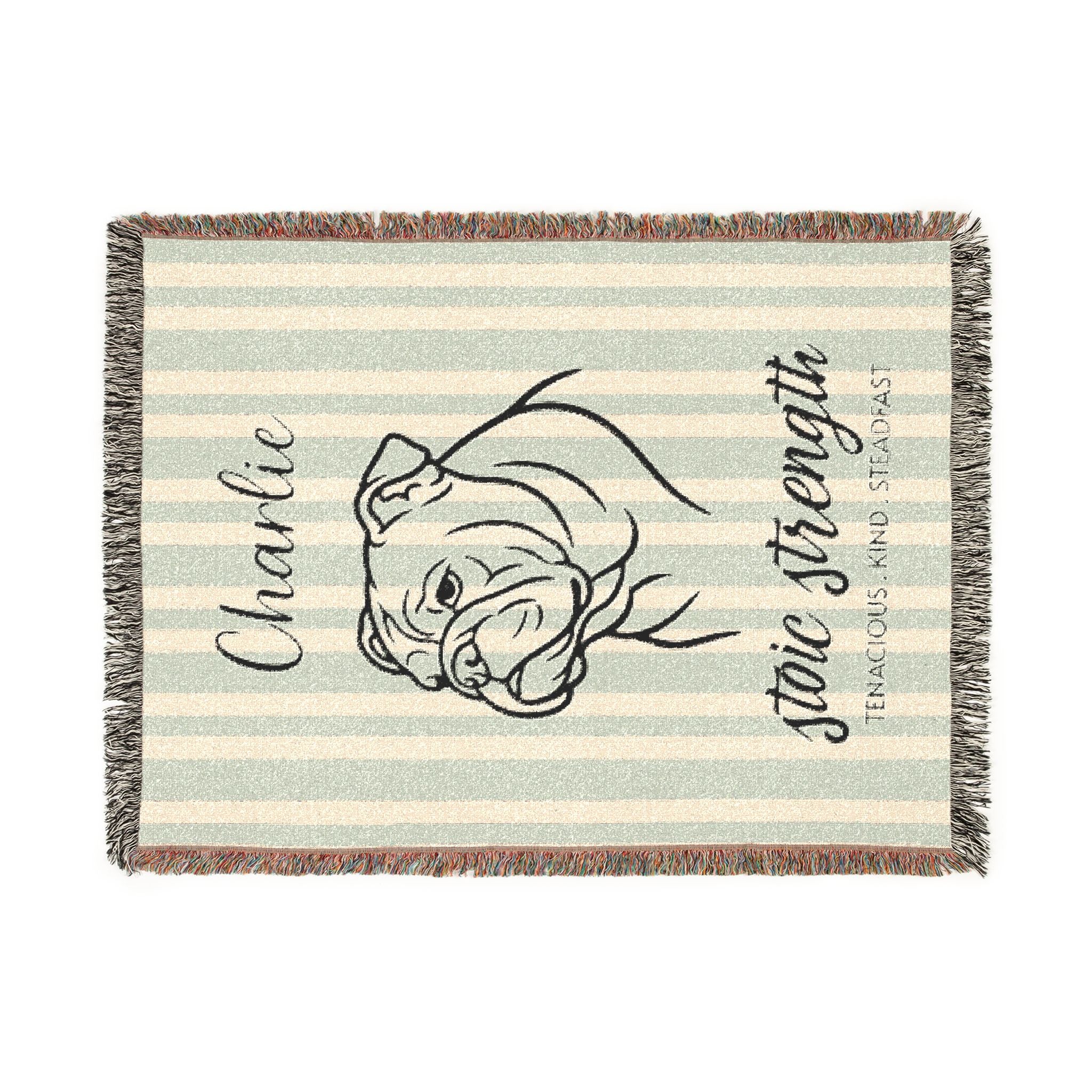 Custom Name Bulldog Minimalistic Line Art Woven Blanket — "Stoic Strength - Tenacious, Kind, Steadfast" Striped Dog Throw — view 10