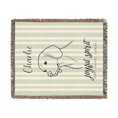 Custom Name Beagle Minimalistic Line Art Woven Blanket — "Joyful Spirit - Merry, Amiable, Curious" Striped Dog Throw — view 2