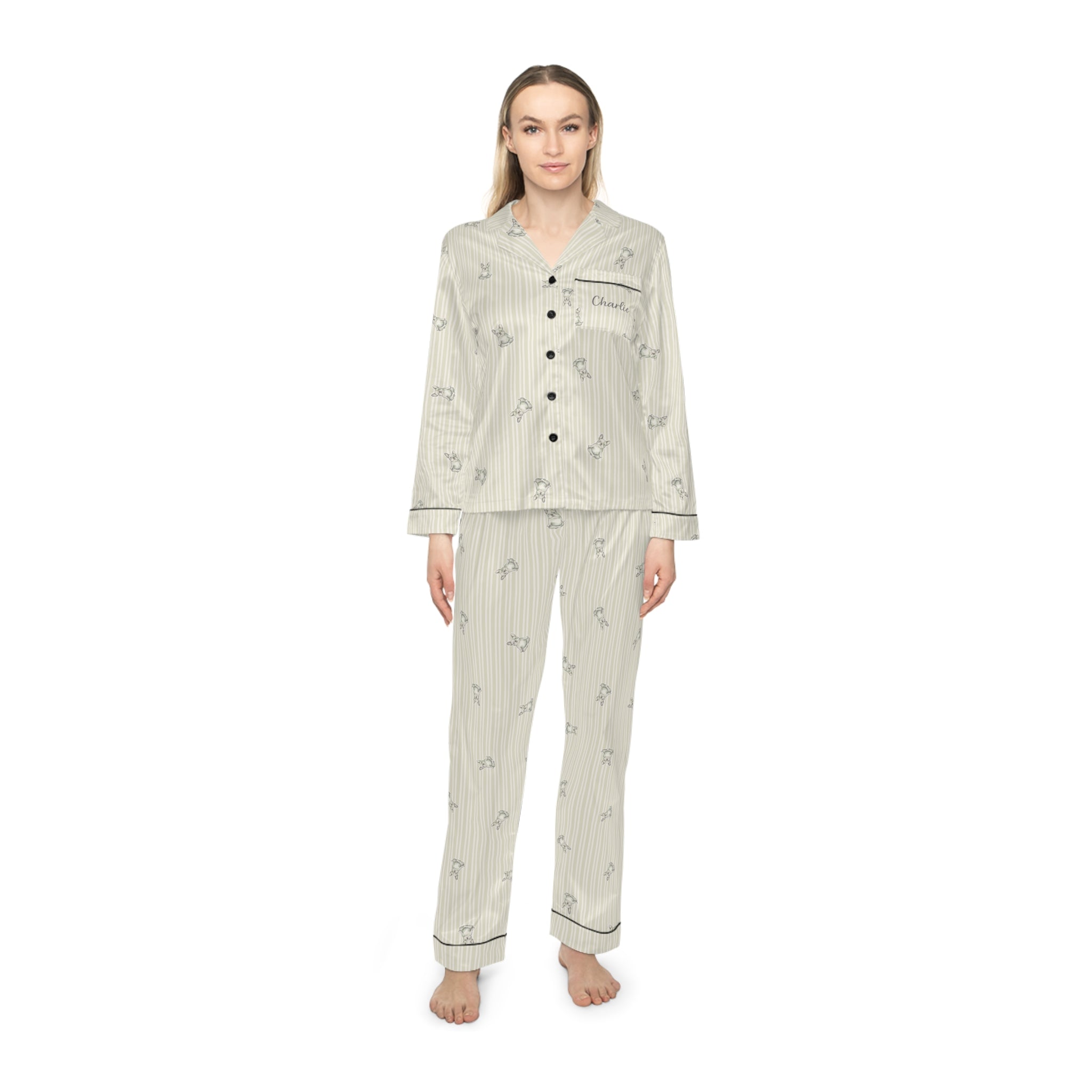 The Meditation Pajamas — Watercolor Frenchie, Pinstripe Satin — view 3