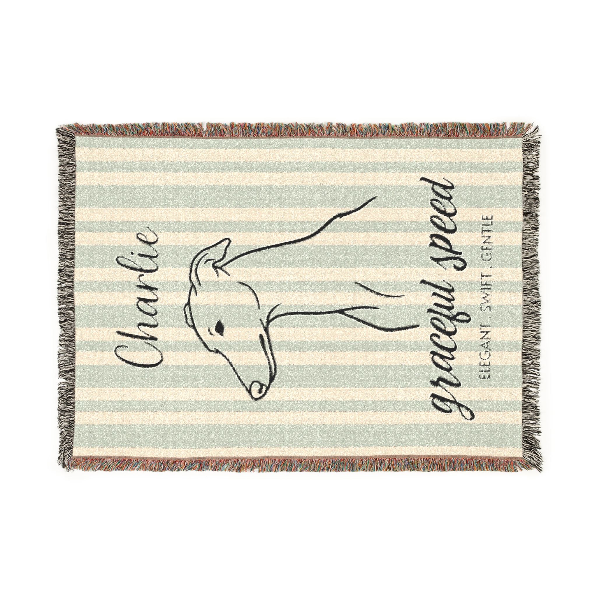 Custom Name Greyhound Minimalistic Line Art Woven Blanket — "Graceful Speed - Elegant, Swift, Gentle" Striped Dog Throw — Aspen Paws