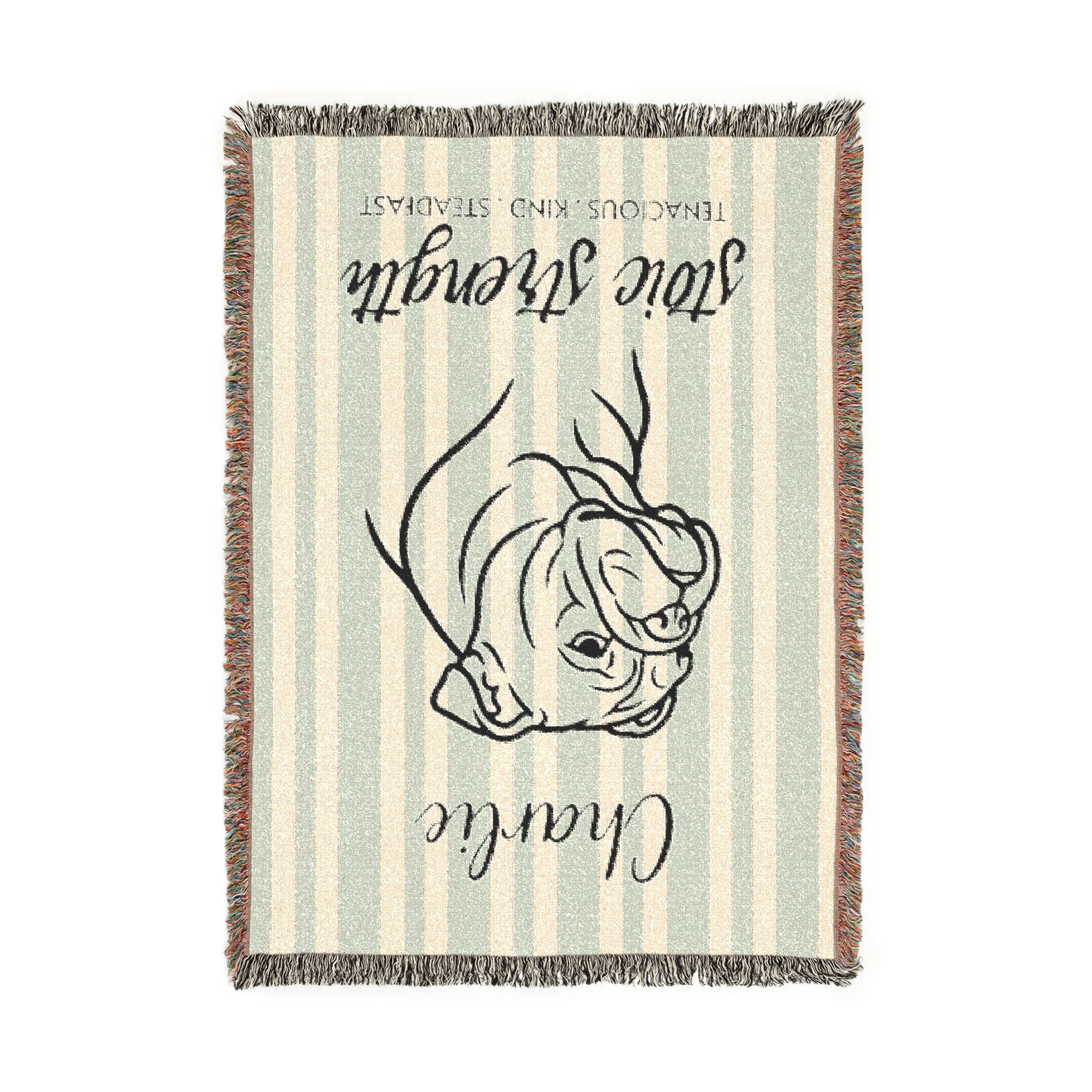 Custom Name Bulldog Minimalistic Line Art Woven Blanket — "Stoic Strength - Tenacious, Kind, Steadfast" Striped Dog Throw — view 6
