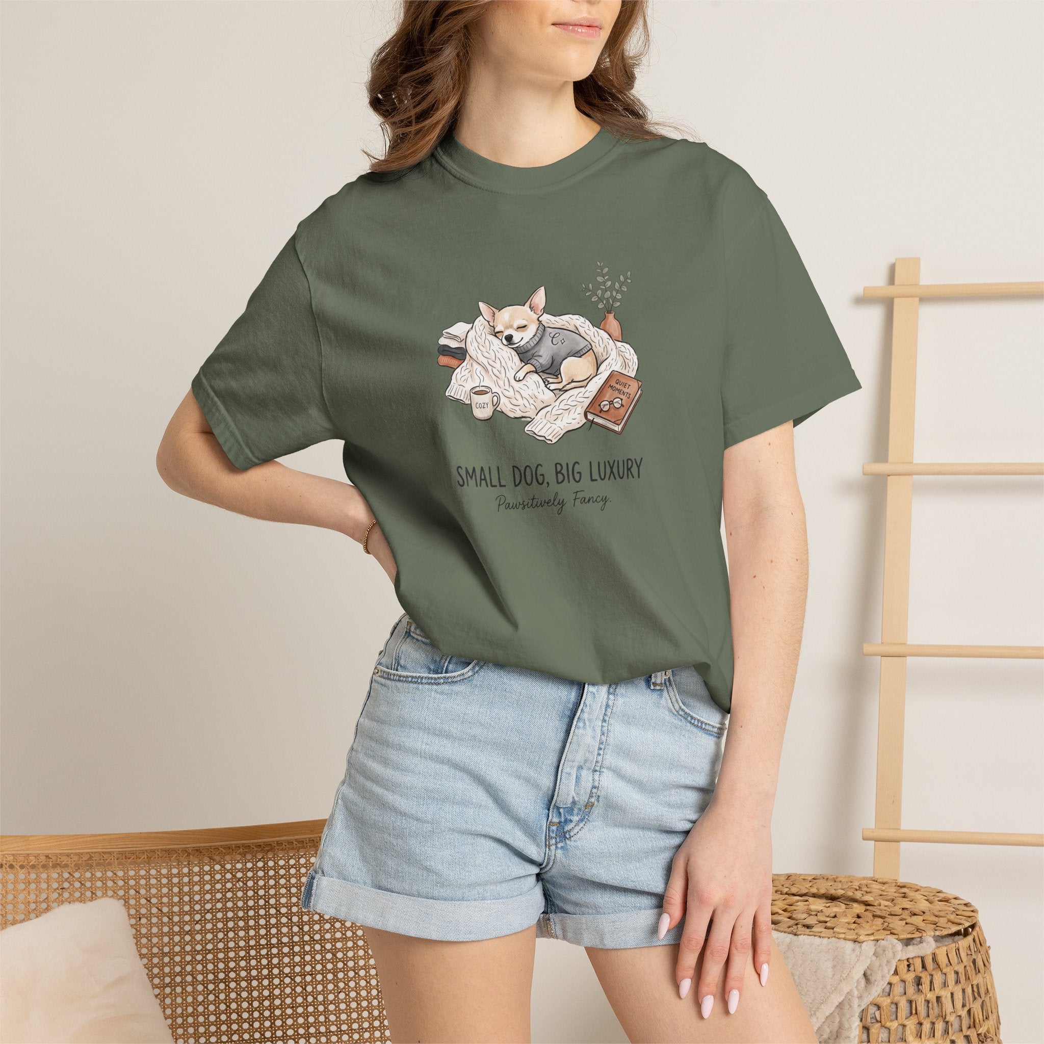 Small Dog Big Luxury Shirt, Cozy Dog Mom Graphic Tee, Aesthetic Pet Lover T-Shirt, Funny Chihuahua Shirt, Spoiled Dog Mom Gift, Hygge Dog Tee