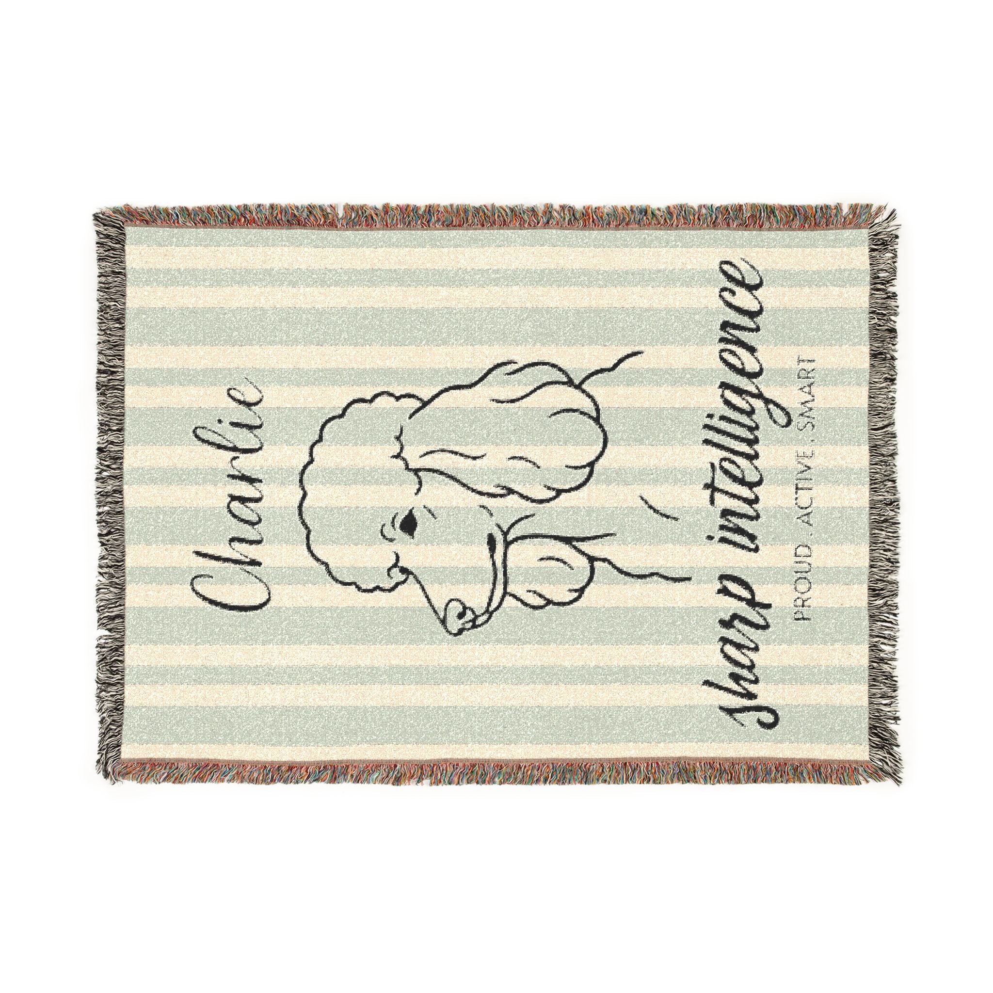 Custom Name Poodle Minimalistic Line Art Woven Blanket — "Sharp Intelligence - Proud, Active Smart" Striped Dog Throw — Aspen Paws