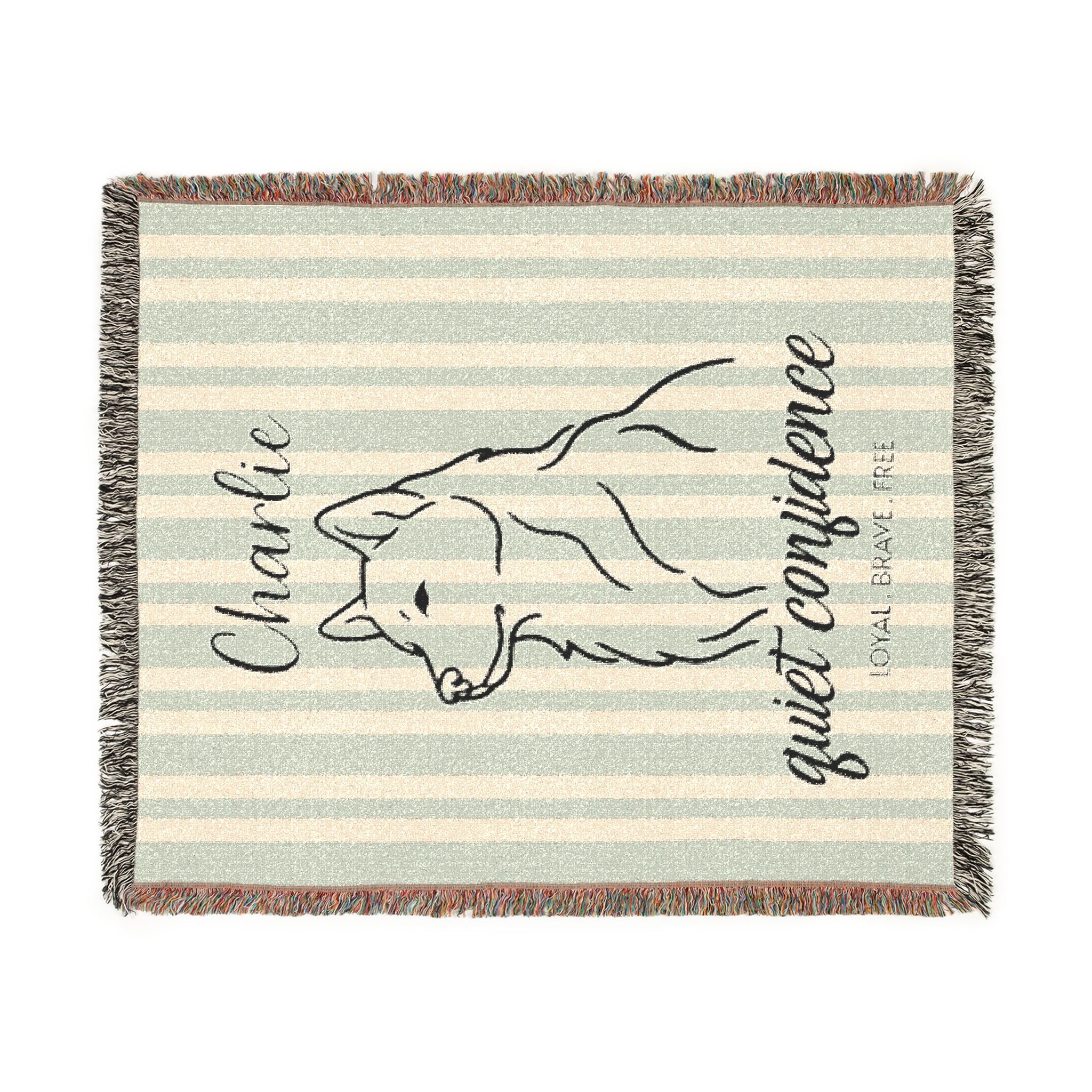 Custom Name Husky Minimalistic Line Art Woven Blanket — "Quiet Confidence - Loyal, Brave, Free" Striped Dog Throw (Seafoam & Charcoal) — view 7