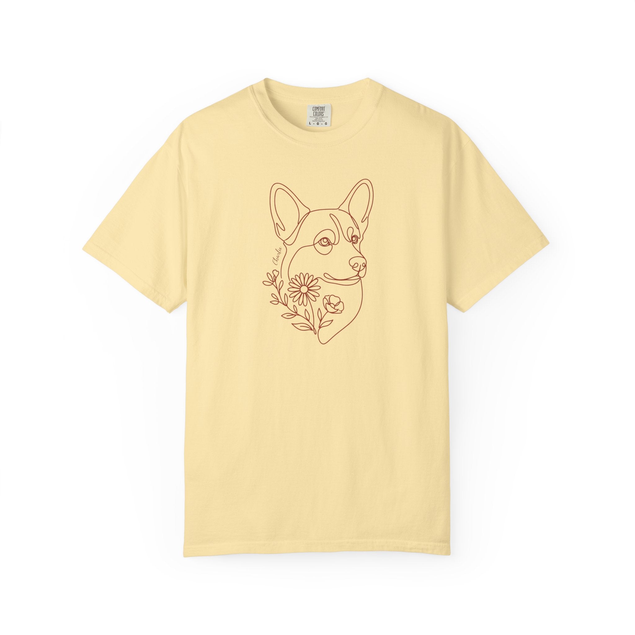 Minimalistic Corgi Pet Botanical Line Art — Cozy Flower Dog Lounge Graphic T-Shirt — view 5