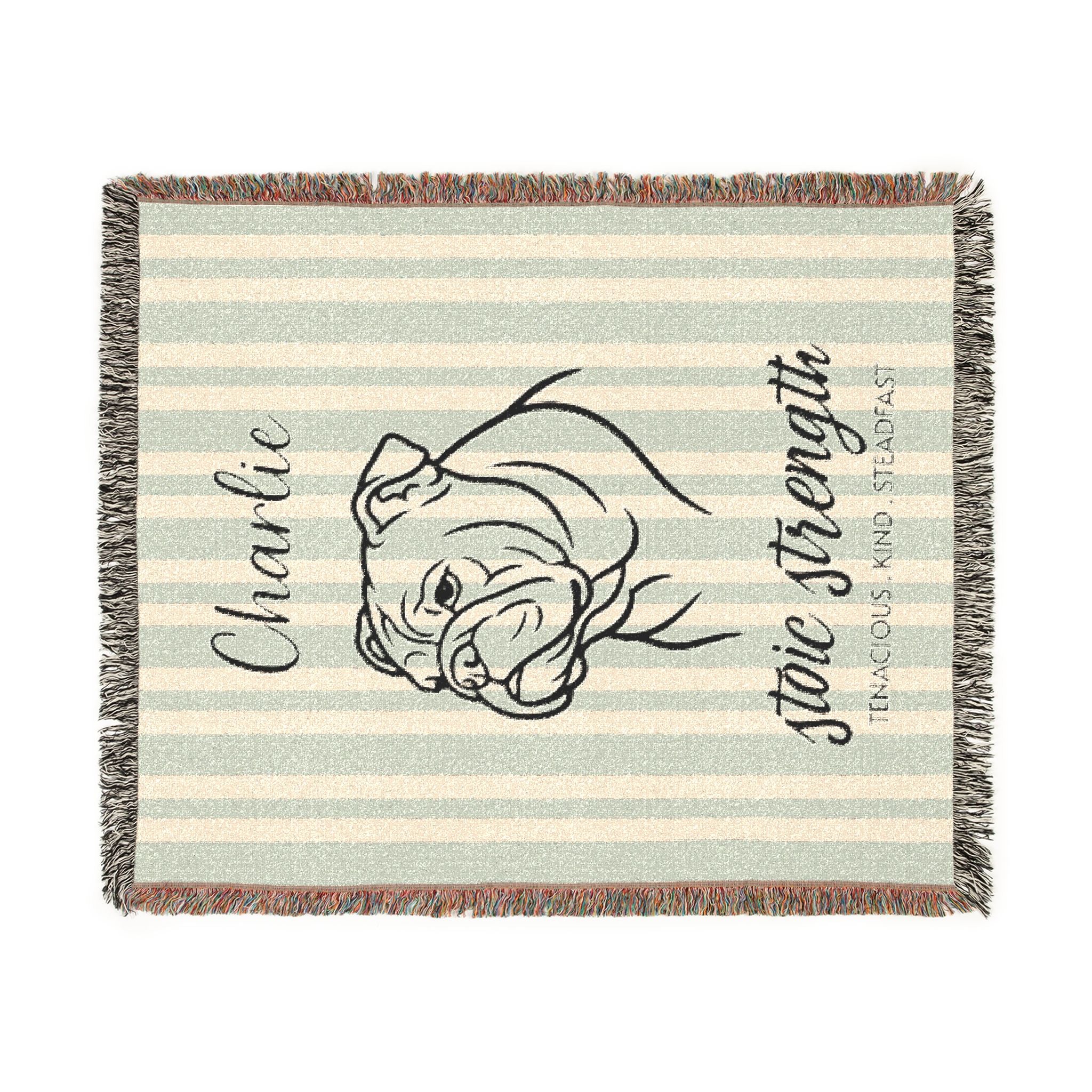 Custom Name Bulldog Minimalistic Line Art Woven Blanket — "Stoic Strength - Tenacious, Kind, Steadfast" Striped Dog Throw — view 7