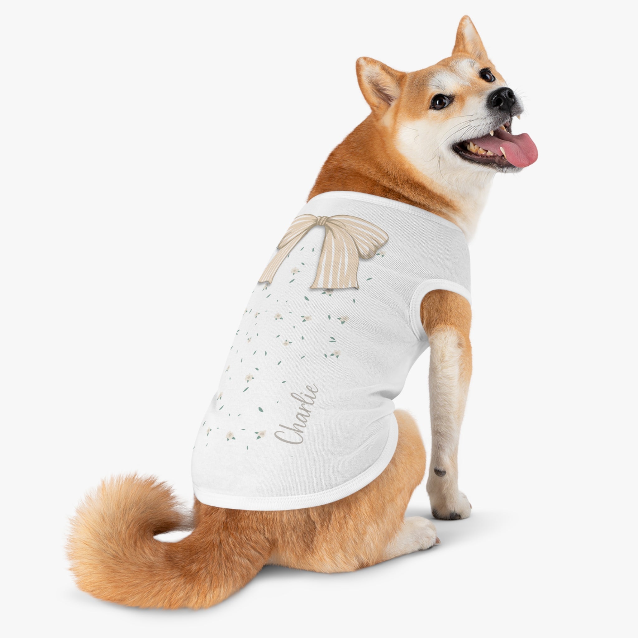 The Striped Ribbon Bow Custom Name Dog Tank Top | Neutral Ribbon Bow & Floral Pet Vest | Quiet Luxury Coquette Dog Clothes — view 9
