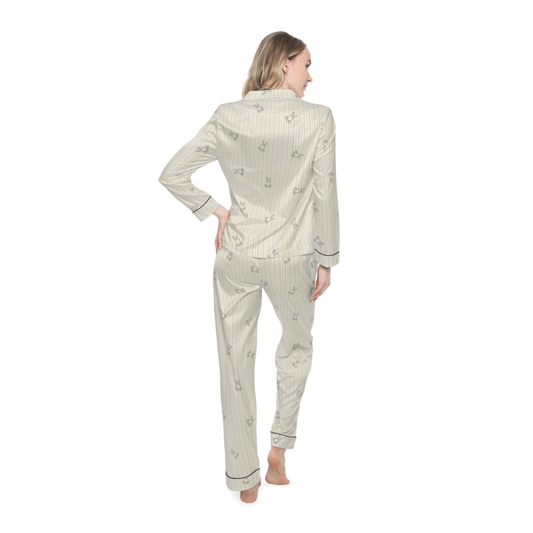 The Meditation Pajamas — Watercolor Frenchie, Pinstripe Satin — view 4