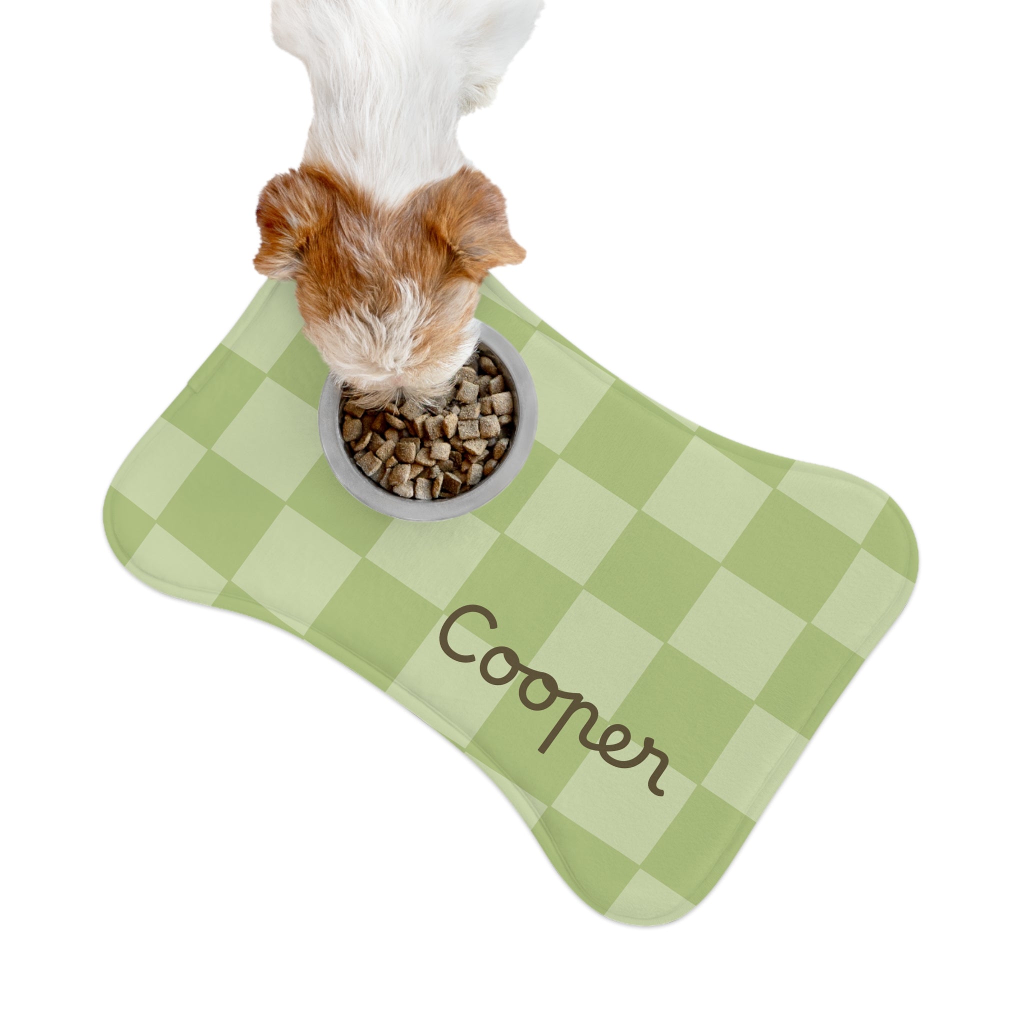 Sage Green Personalized Checkered Pet Feeding Mat — Custom Name Dog Bowl Placemat — view 4