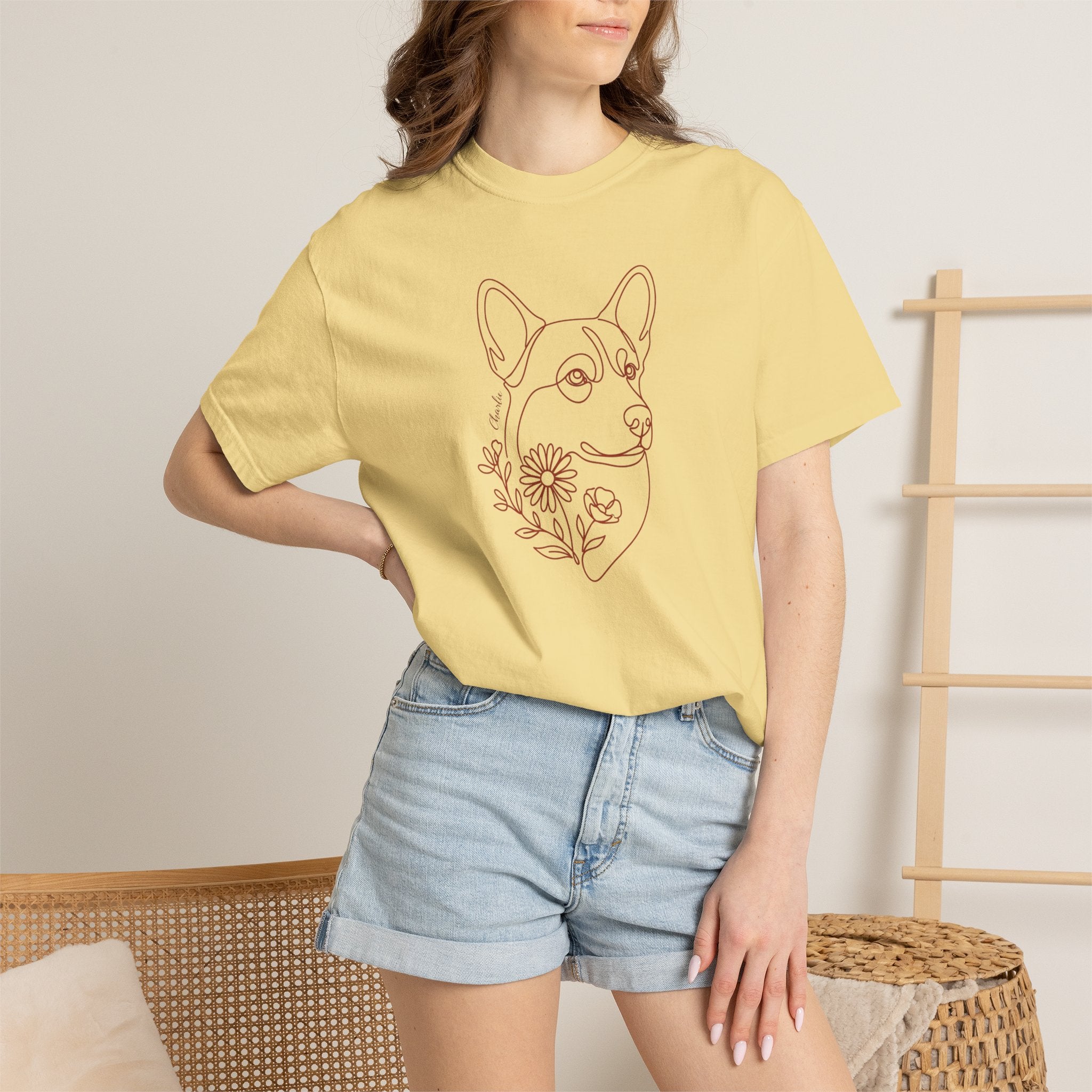 Minimalistic Corgi Pet Botanical Line Art — Cozy Flower Dog Lounge Graphic T-Shirt — view 32