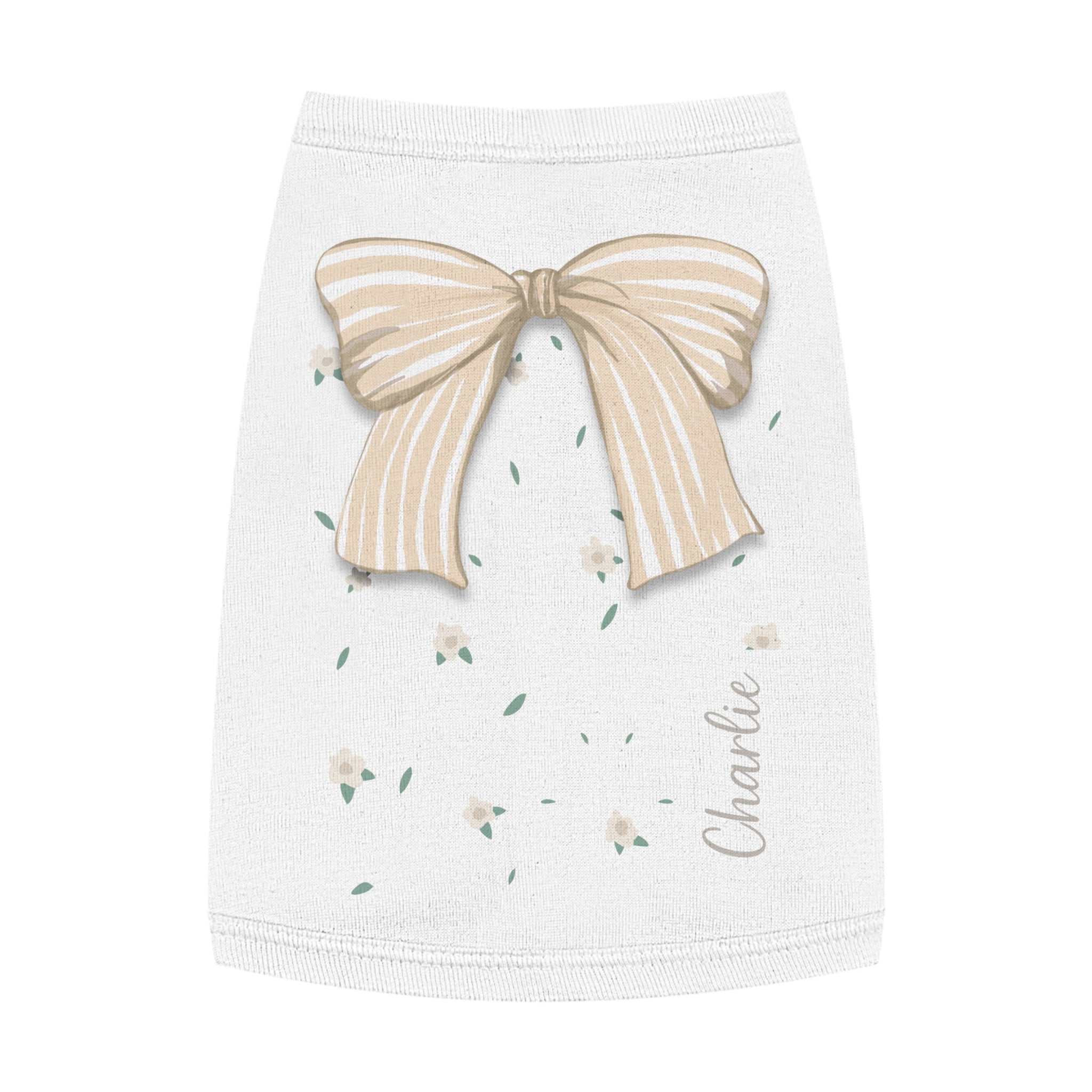 The Striped Ribbon Bow Custom Name Dog Tank Top | Neutral Ribbon Bow & Floral Pet Vest | Quiet Luxury Coquette Dog Clothes — Aspen Paws