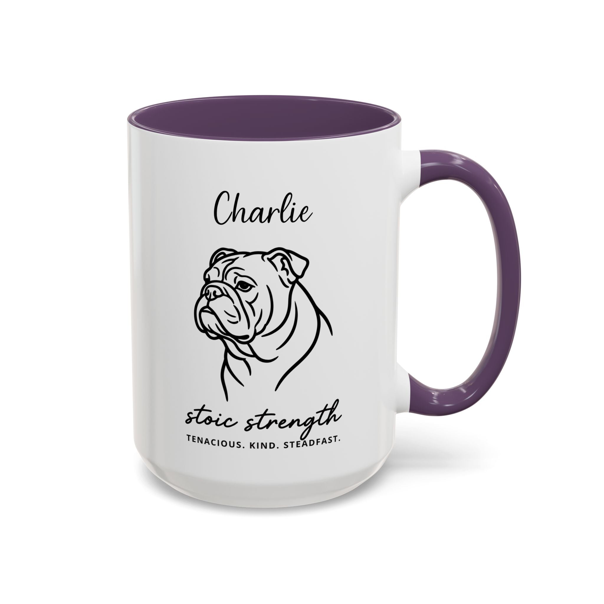 Custom Name Bulldog Portrait Illustration Accent Coffee Mug (11, 15oz) - Stoic Strength - Tenacious, Kind, Steadfast