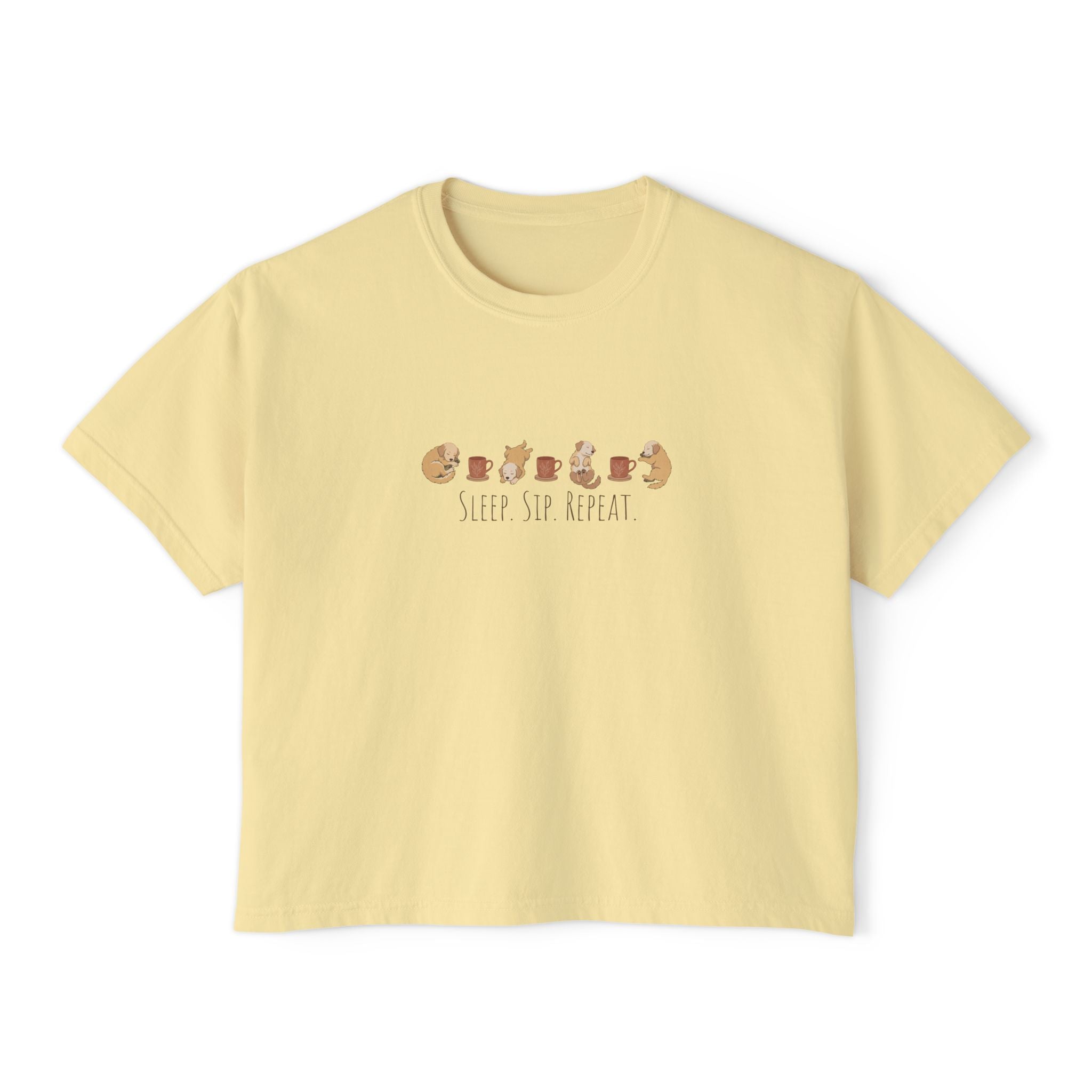 Sleep Sip Repeat Coffee Dog Shirt | Minimalist Boxy Cropped Tee in Ivory | Cozy Hygge Dog Lover Apparel | Quiet Luxury Pet Mom Gift