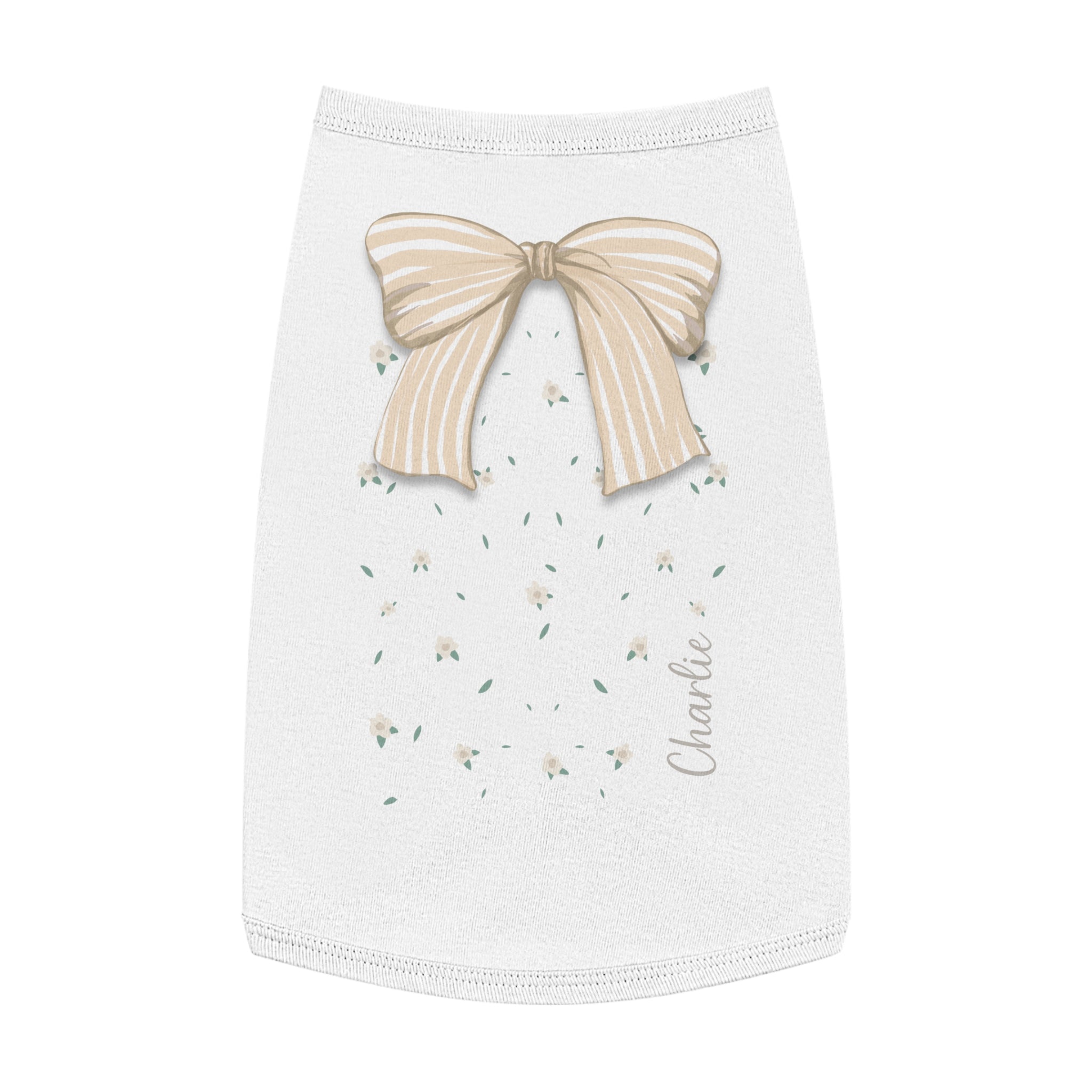 The Striped Ribbon Bow Custom Name Dog Tank Top | Neutral Ribbon Bow & Floral Pet Vest | Quiet Luxury Coquette Dog Clothes — view 2
