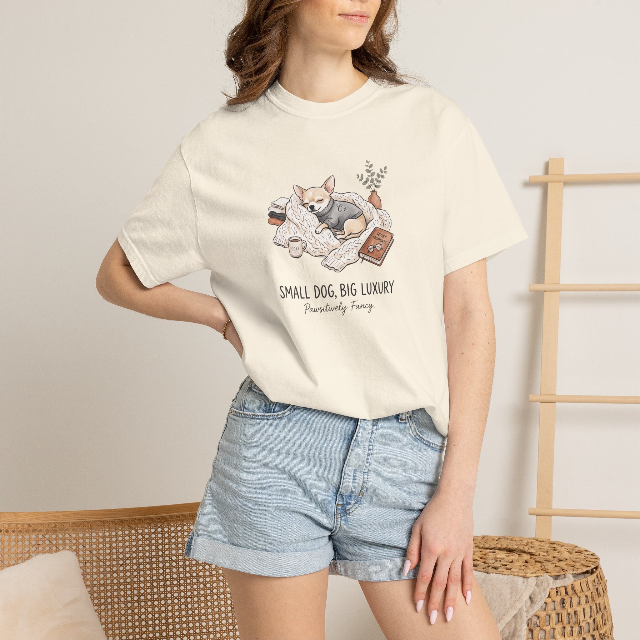 Small Dog Big Luxury Shirt, Cozy Dog Mom Graphic Tee, Aesthetic Pet Lover T-Shirt, Funny Chihuahua Shirt, Spoiled Dog Mom Gift, Hygge Dog Tee