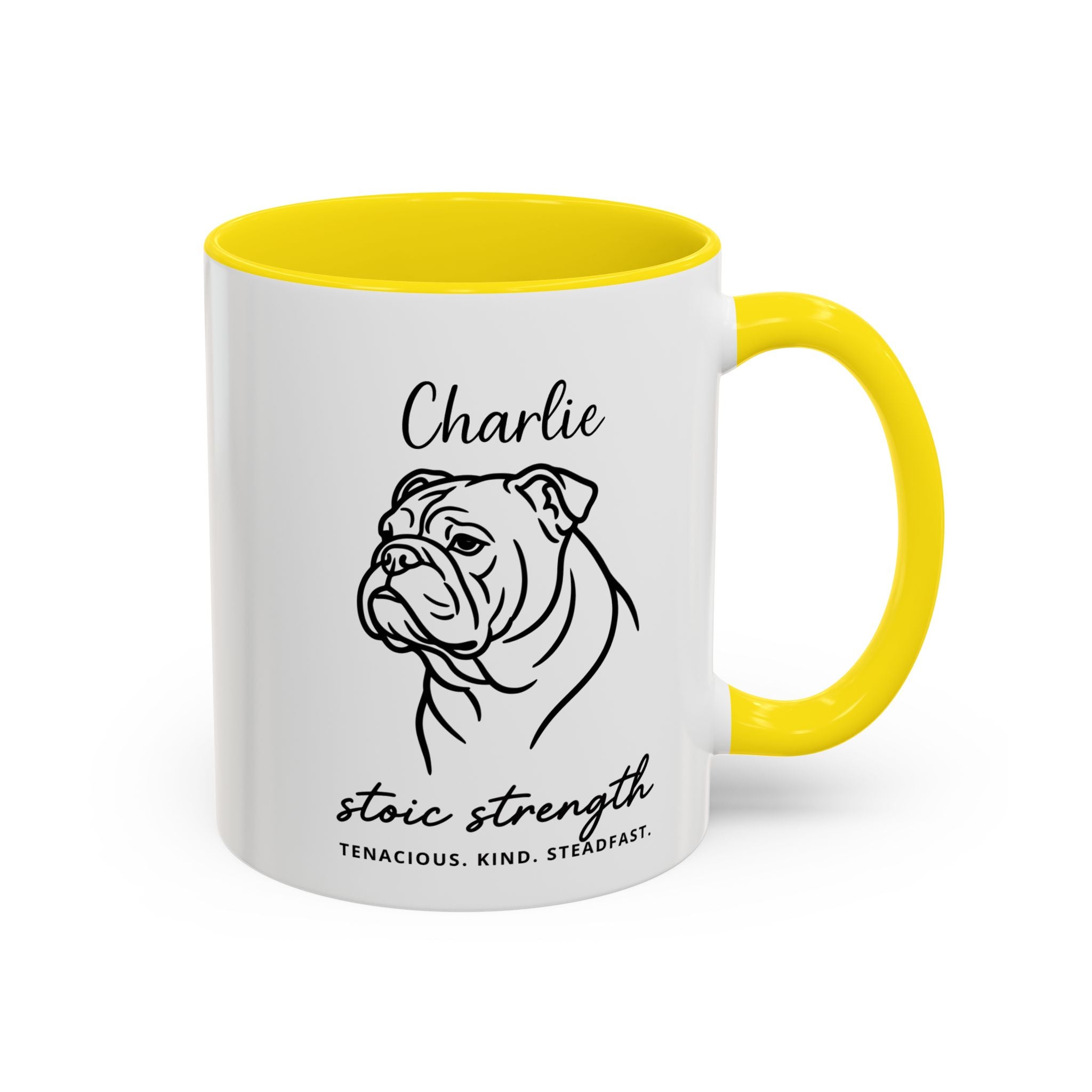 Custom Name Bulldog Portrait Illustration Accent Coffee Mug (11, 15oz) - Stoic Strength - Tenacious, Kind, Steadfast