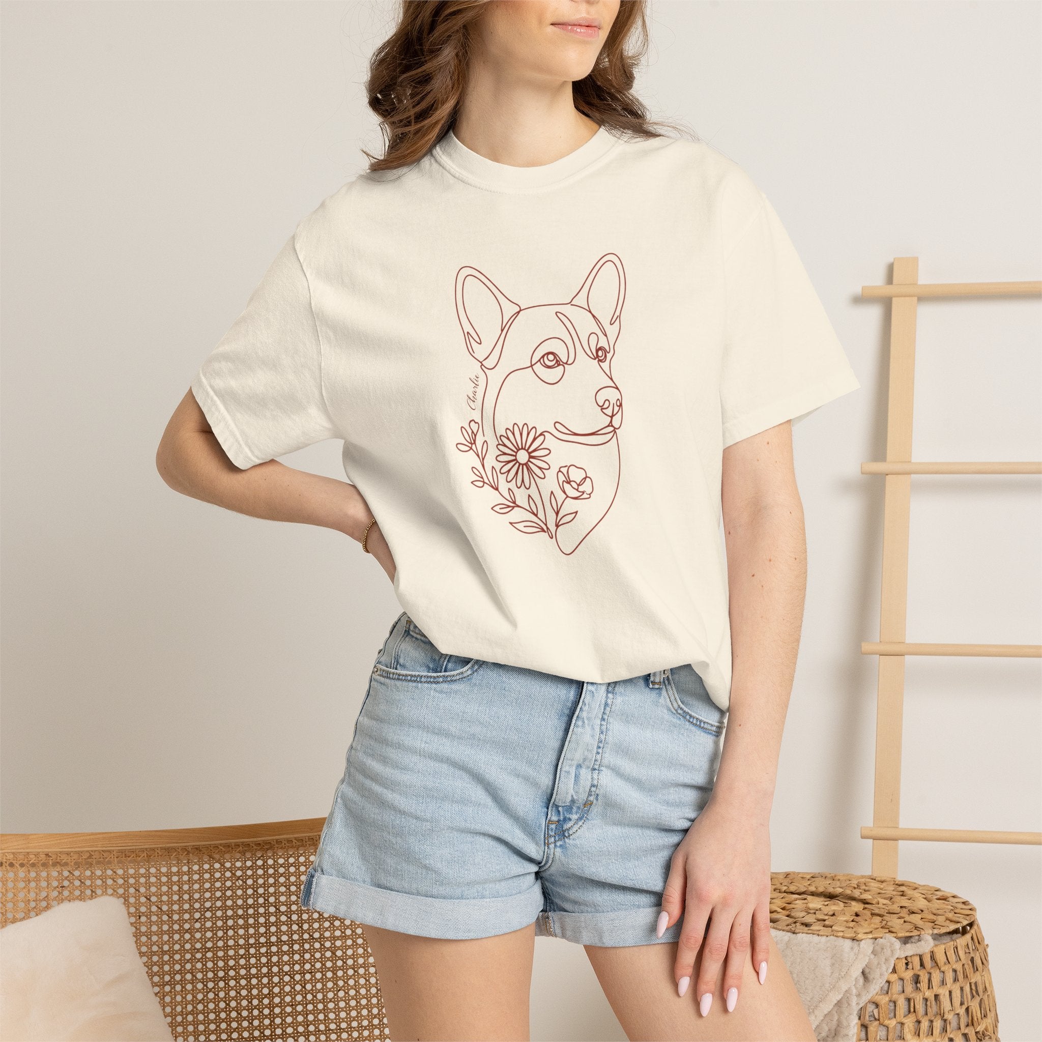 Minimalistic Corgi Pet Botanical Line Art — Cozy Flower Dog Lounge Graphic T-Shirt — view 11