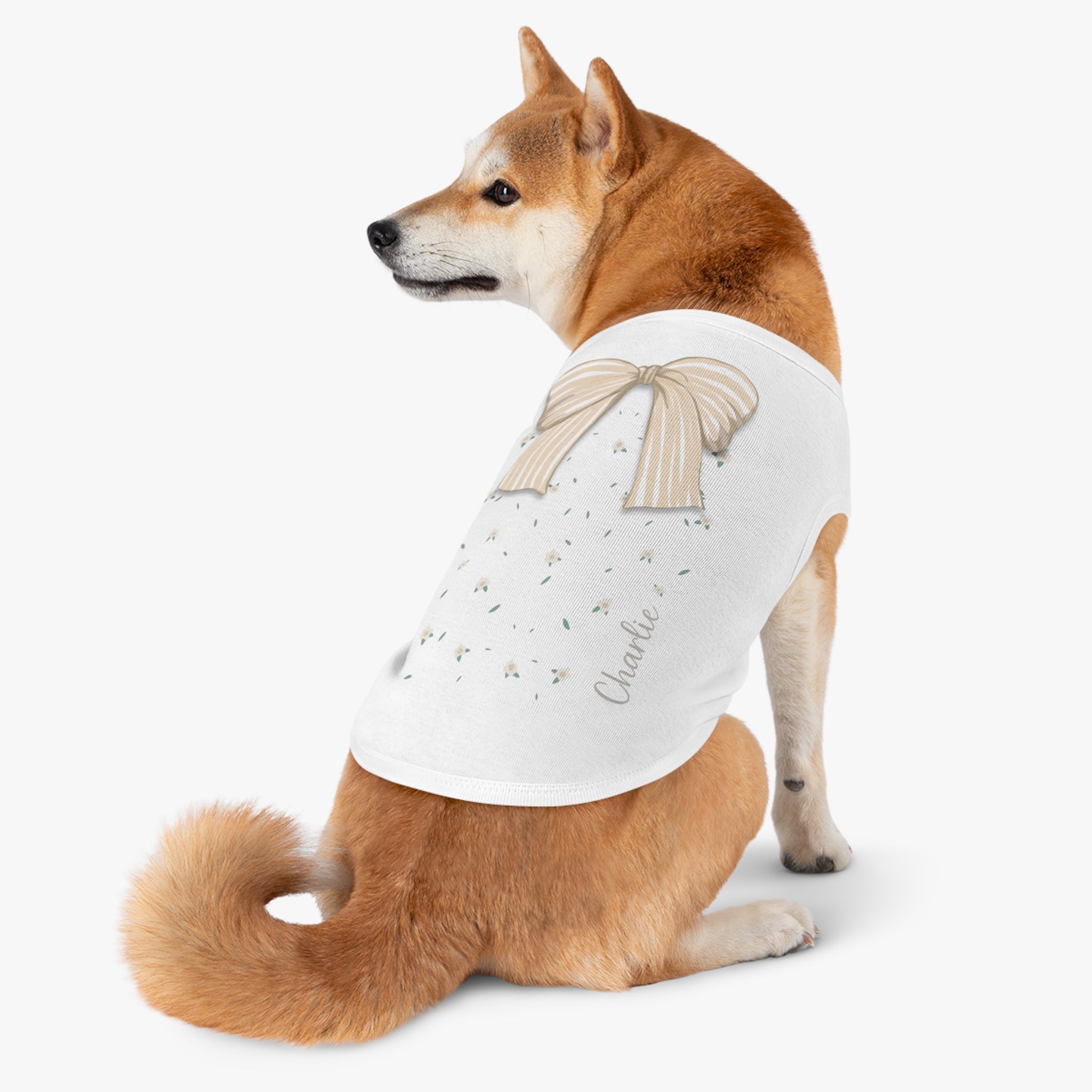 The Striped Ribbon Bow Custom Name Dog Tank Top | Neutral Ribbon Bow & Floral Pet Vest | Quiet Luxury Coquette Dog Clothes — view 7