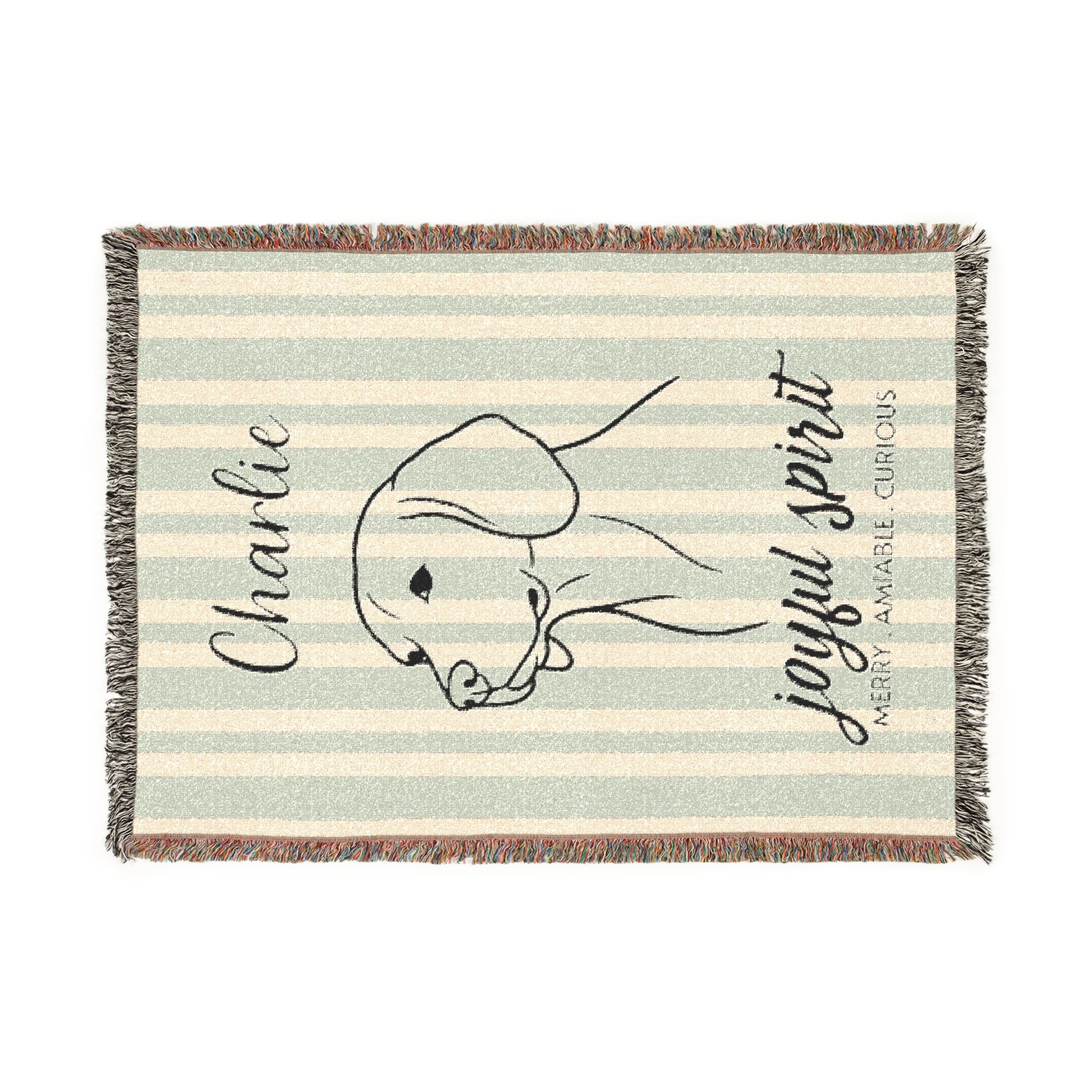 Custom Name Beagle Minimalistic Line Art Woven Blanket — "Joyful Spirit - Merry, Amiable, Curious" Striped Dog Throw — Aspen Paws