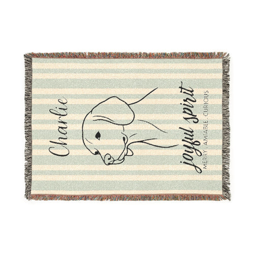 Custom Name Beagle Minimalistic Line Art Woven Blanket — "Joyful Spirit - Merry, Amiable, Curious" Striped Dog Throw — Aspen Paws