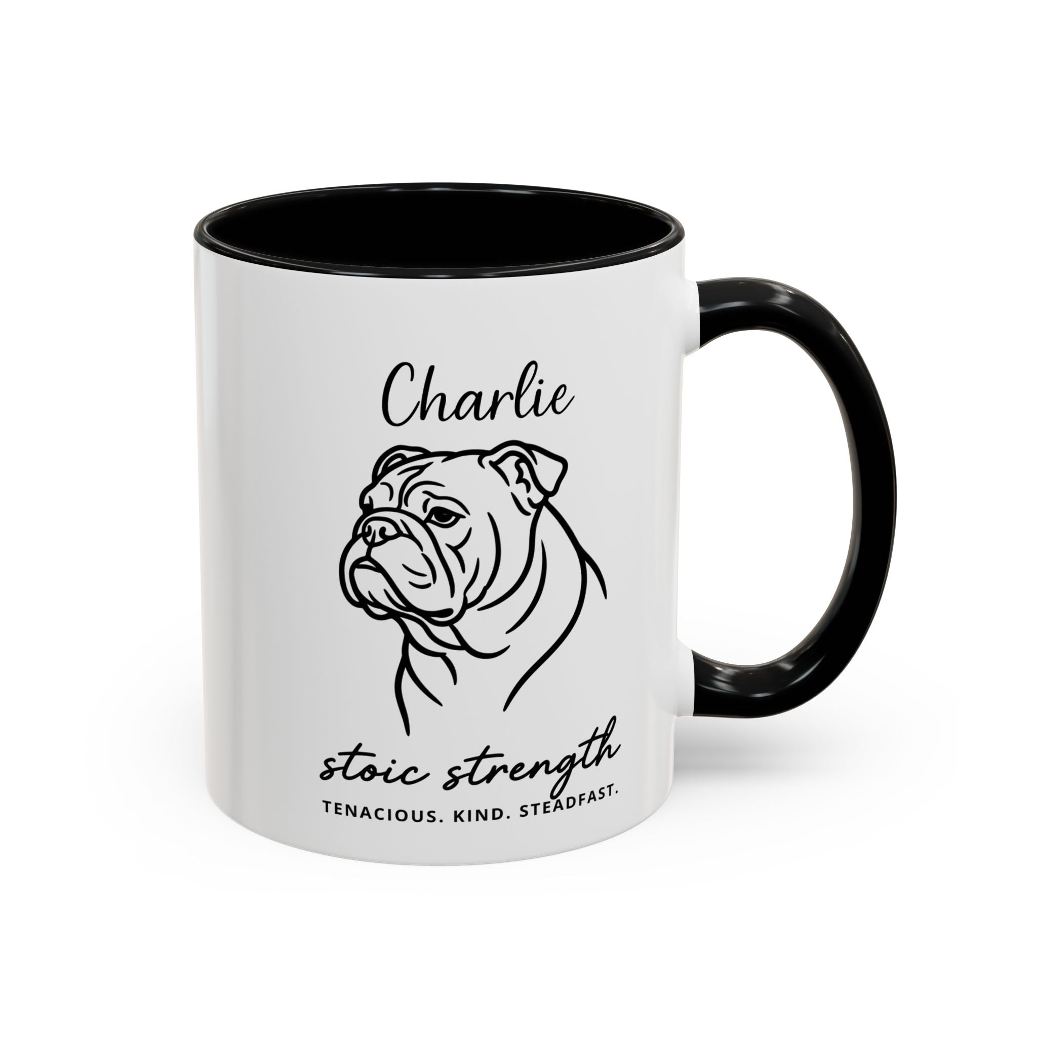 Custom Name Bulldog Portrait Illustration Accent Coffee Mug (11, 15oz) - Stoic Strength - Tenacious, Kind, Steadfast — view 18