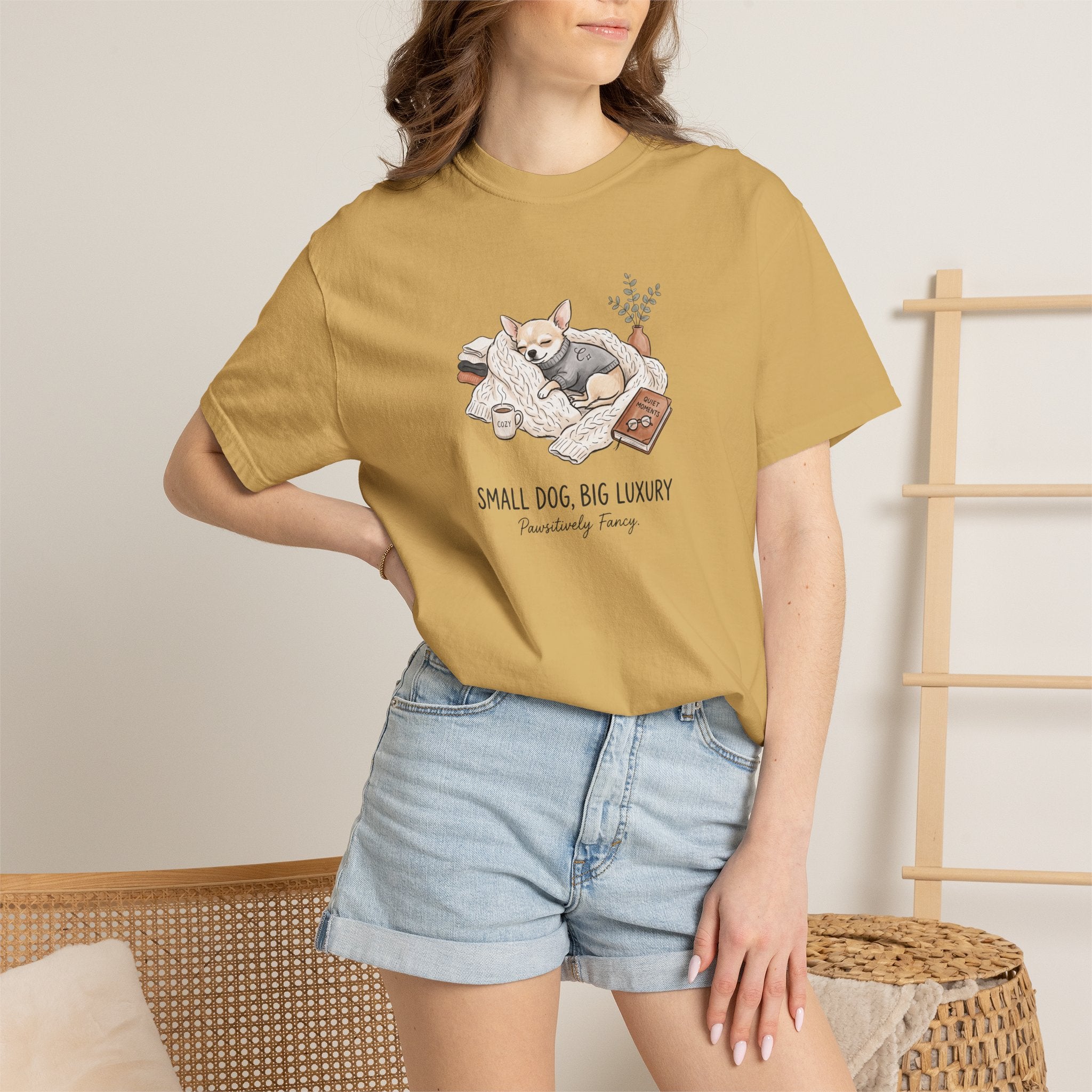 Small Dog Big Luxury Shirt, Cozy Dog Mom Graphic Tee, Aesthetic Pet Lover T-Shirt, Funny Chihuahua Shirt, Spoiled Dog Mom Gift, Hygge Dog Tee