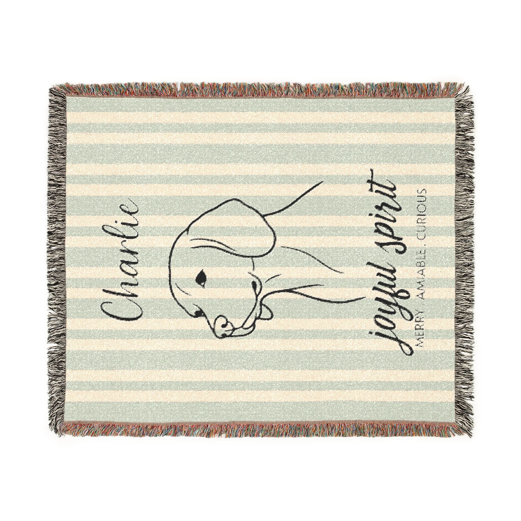 Custom Name Beagle Minimalistic Line Art Woven Blanket — "Joyful Spirit - Merry, Amiable, Curious" Striped Dog Throw — view 7