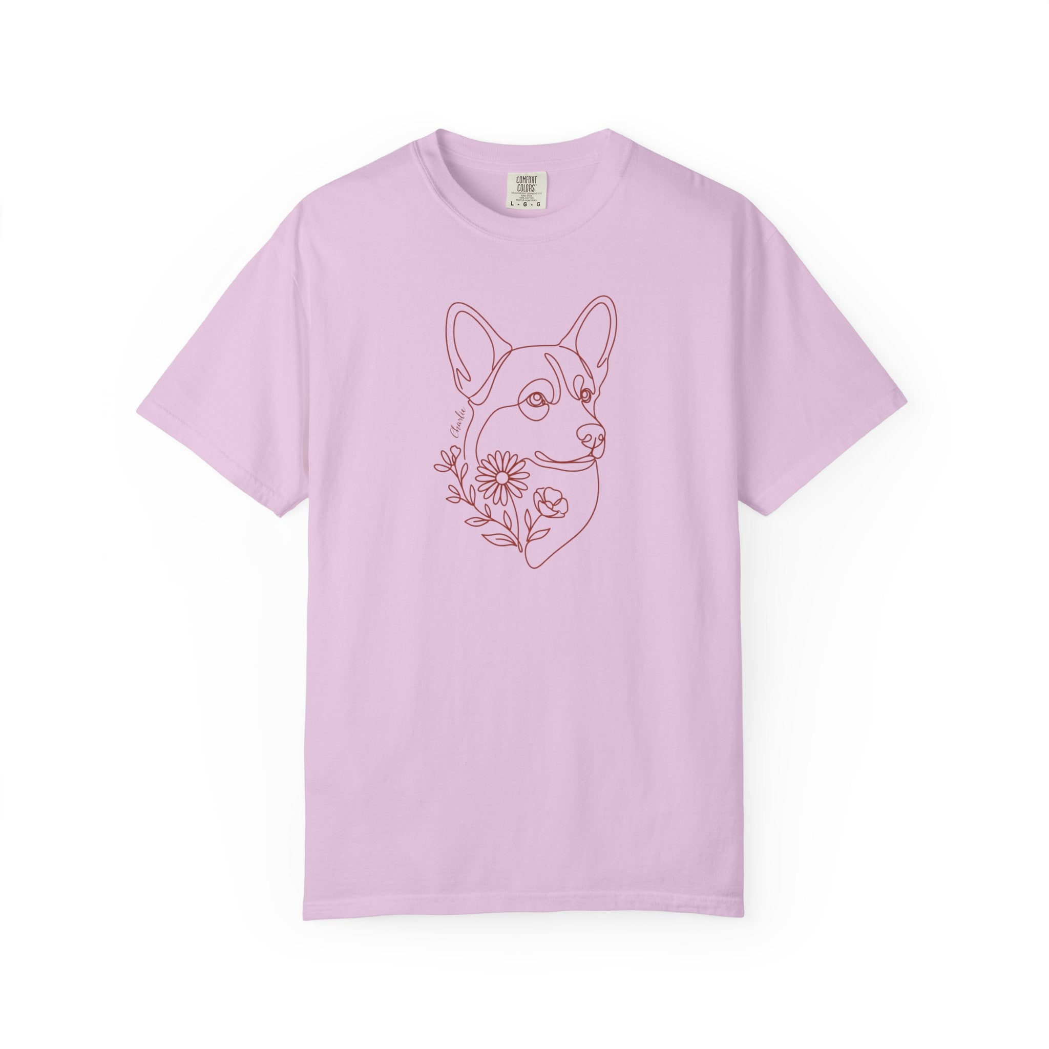 Minimalistic Corgi Pet Botanical Line Art — Cozy Flower Dog Lounge Graphic T-Shirt — view 3