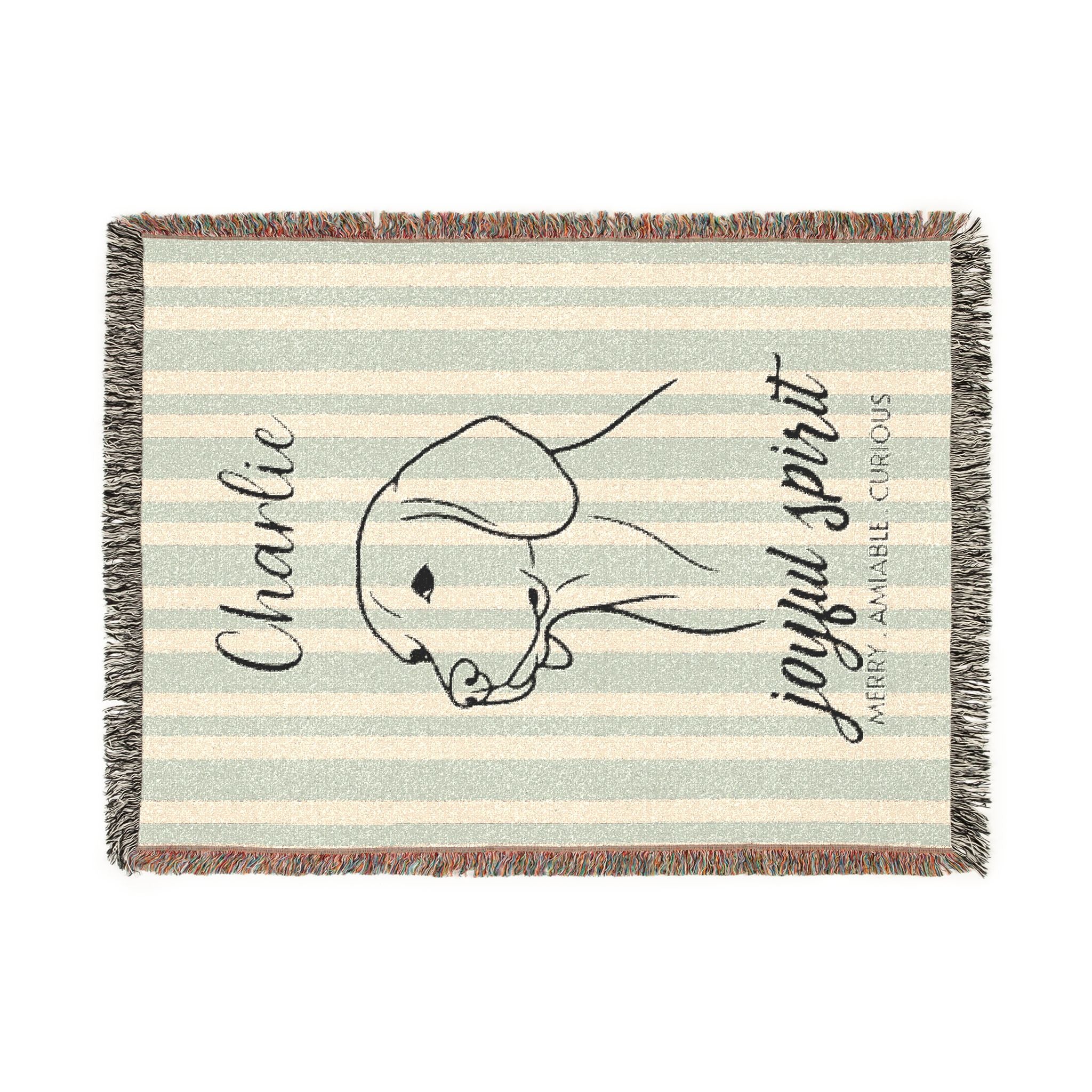 Custom Name Beagle Minimalistic Line Art Woven Blanket — "Joyful Spirit - Merry, Amiable, Curious" Striped Dog Throw — view 10