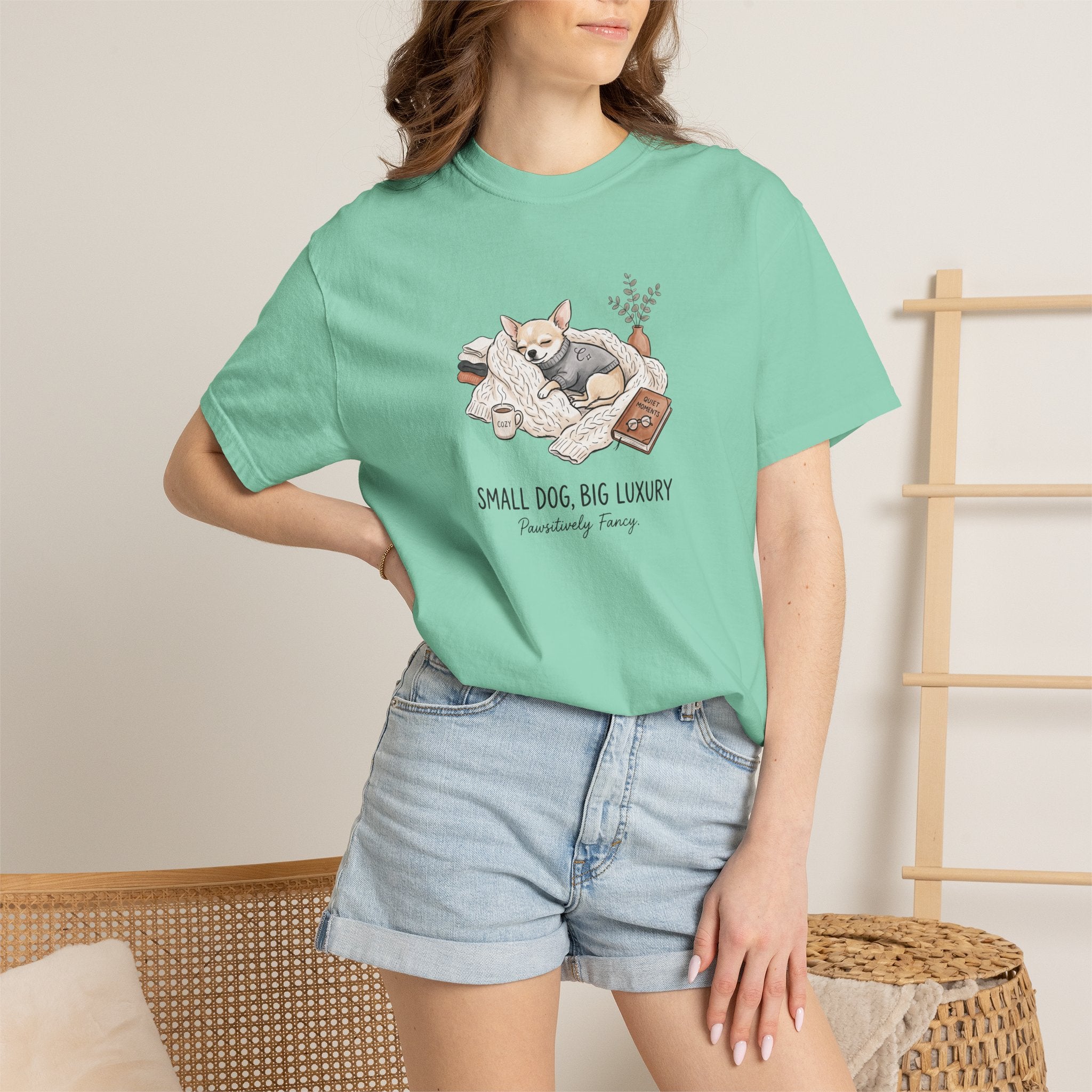 Small Dog Big Luxury Shirt, Cozy Dog Mom Graphic Tee, Aesthetic Pet Lover T-Shirt, Funny Chihuahua Shirt, Spoiled Dog Mom Gift, Hygge Dog Tee