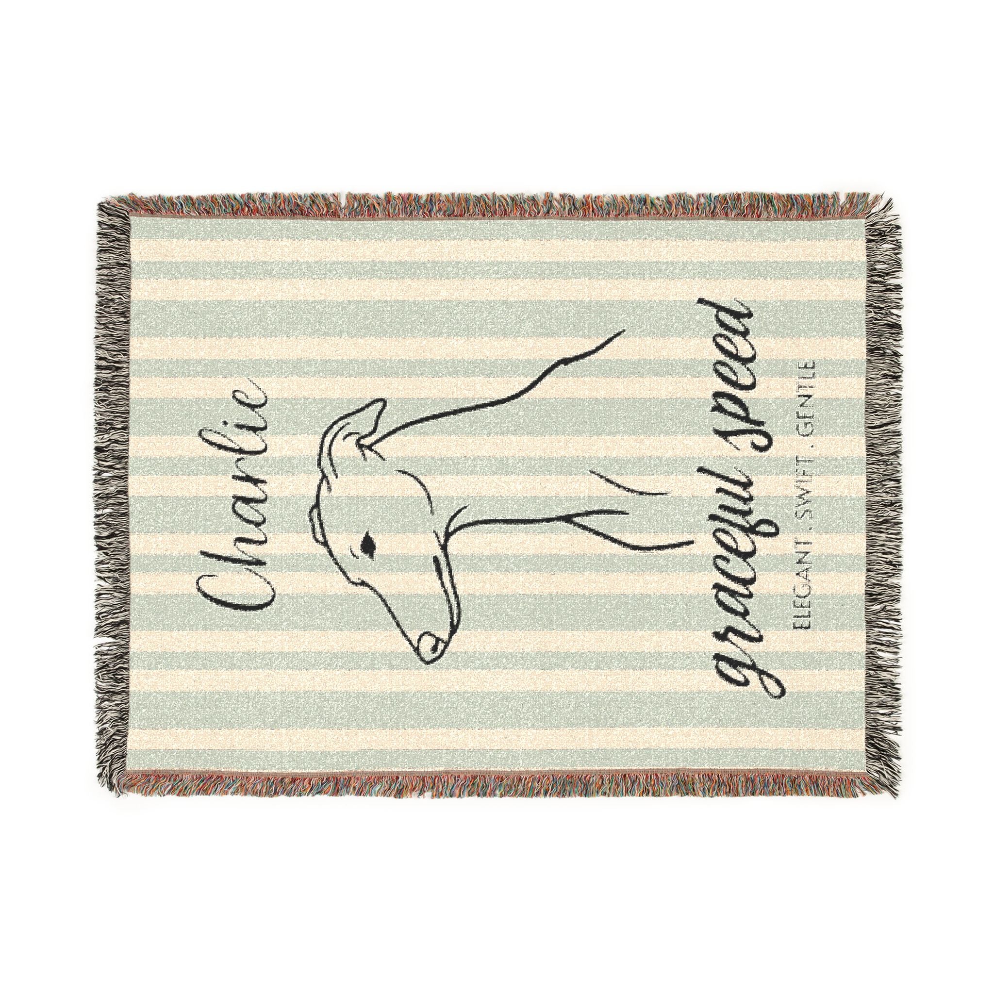 Custom Name Greyhound Minimalistic Line Art Woven Blanket — "Graceful Speed - Elegant, Swift, Gentle" Striped Dog Throw — view 10