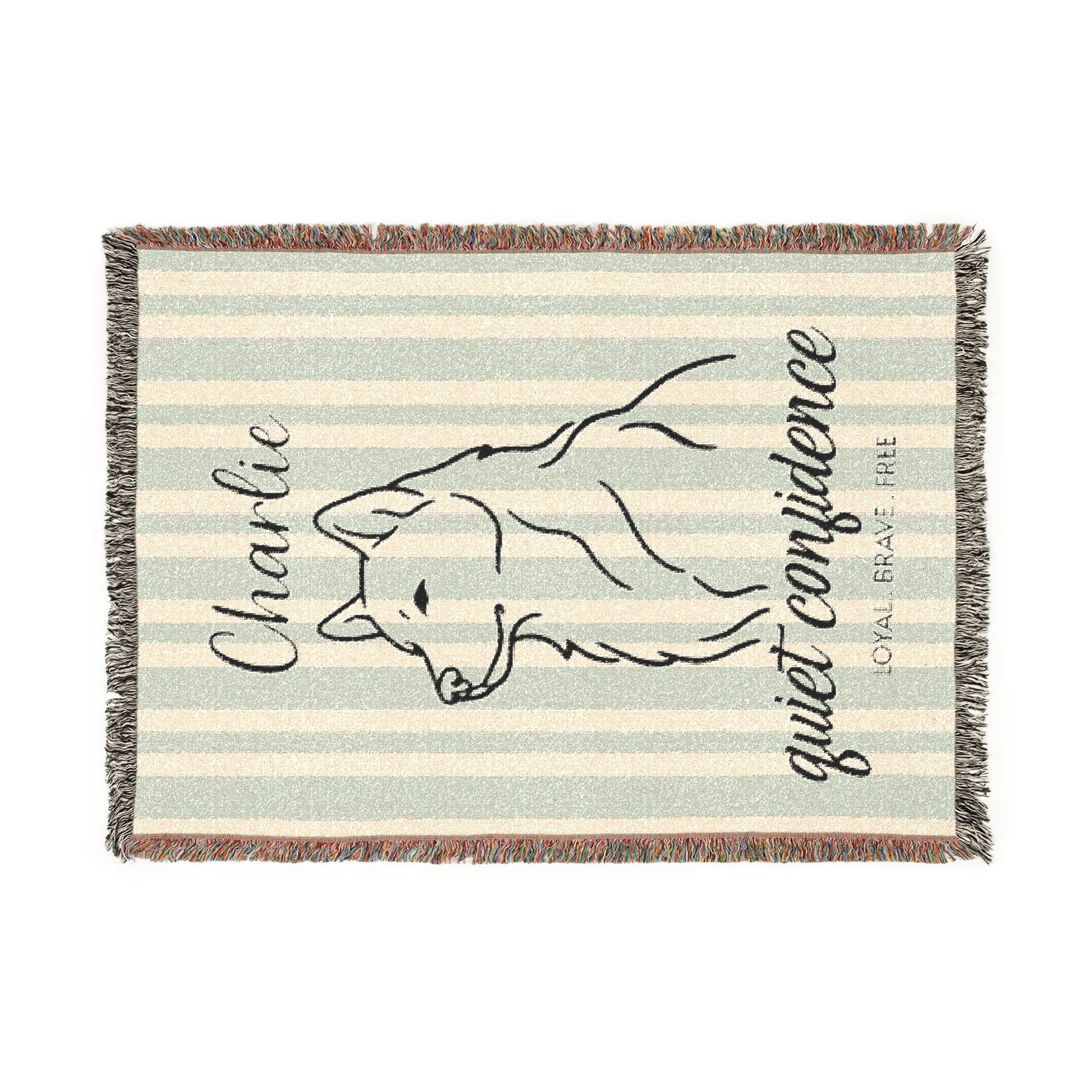 Custom Name Husky Minimalistic Line Art Woven Blanket — "Quiet Confidence - Loyal, Brave, Free" Striped Dog Throw (Seafoam & Charcoal) — Aspen Paws