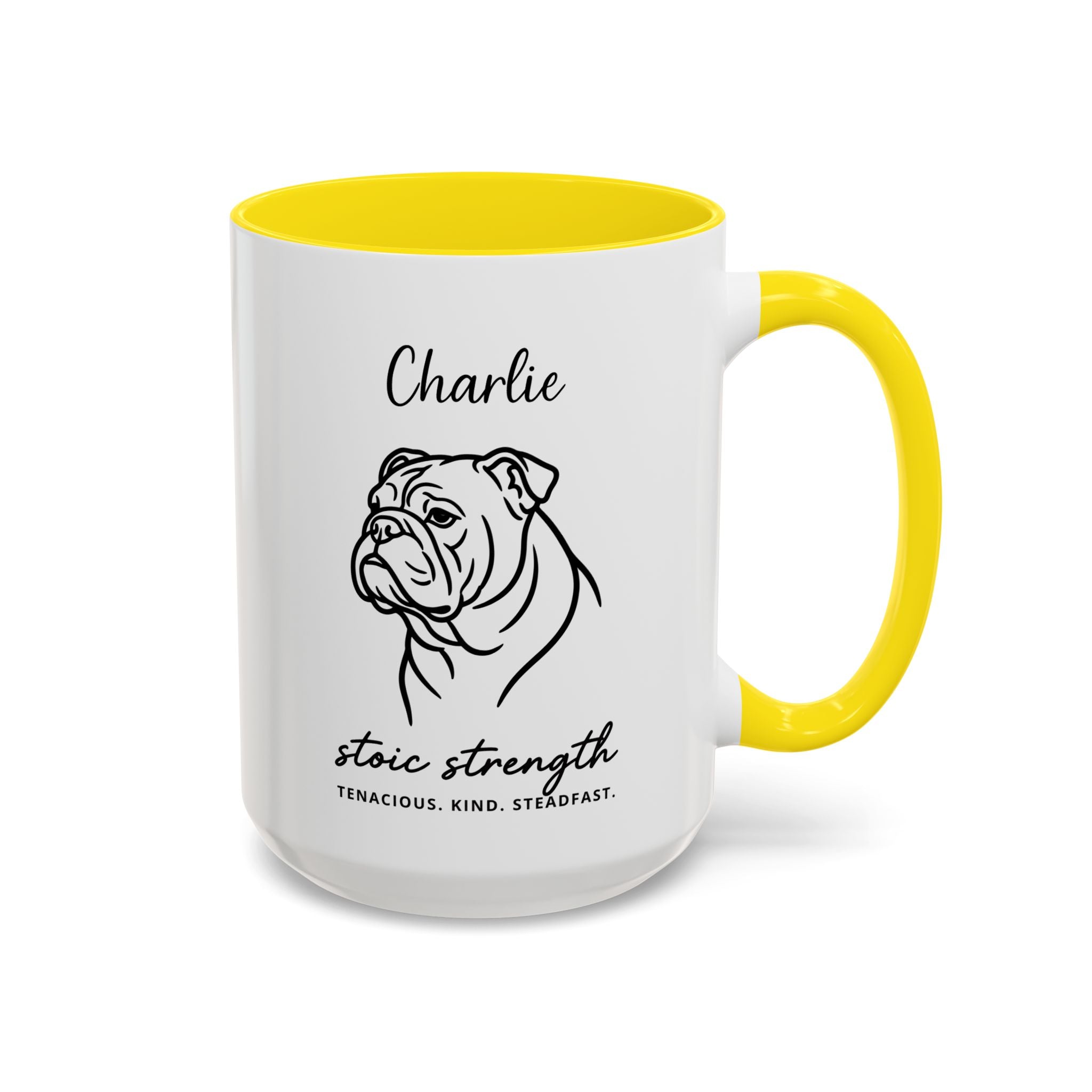 Custom Name Bulldog Portrait Illustration Accent Coffee Mug (11, 15oz) - Stoic Strength - Tenacious, Kind, Steadfast