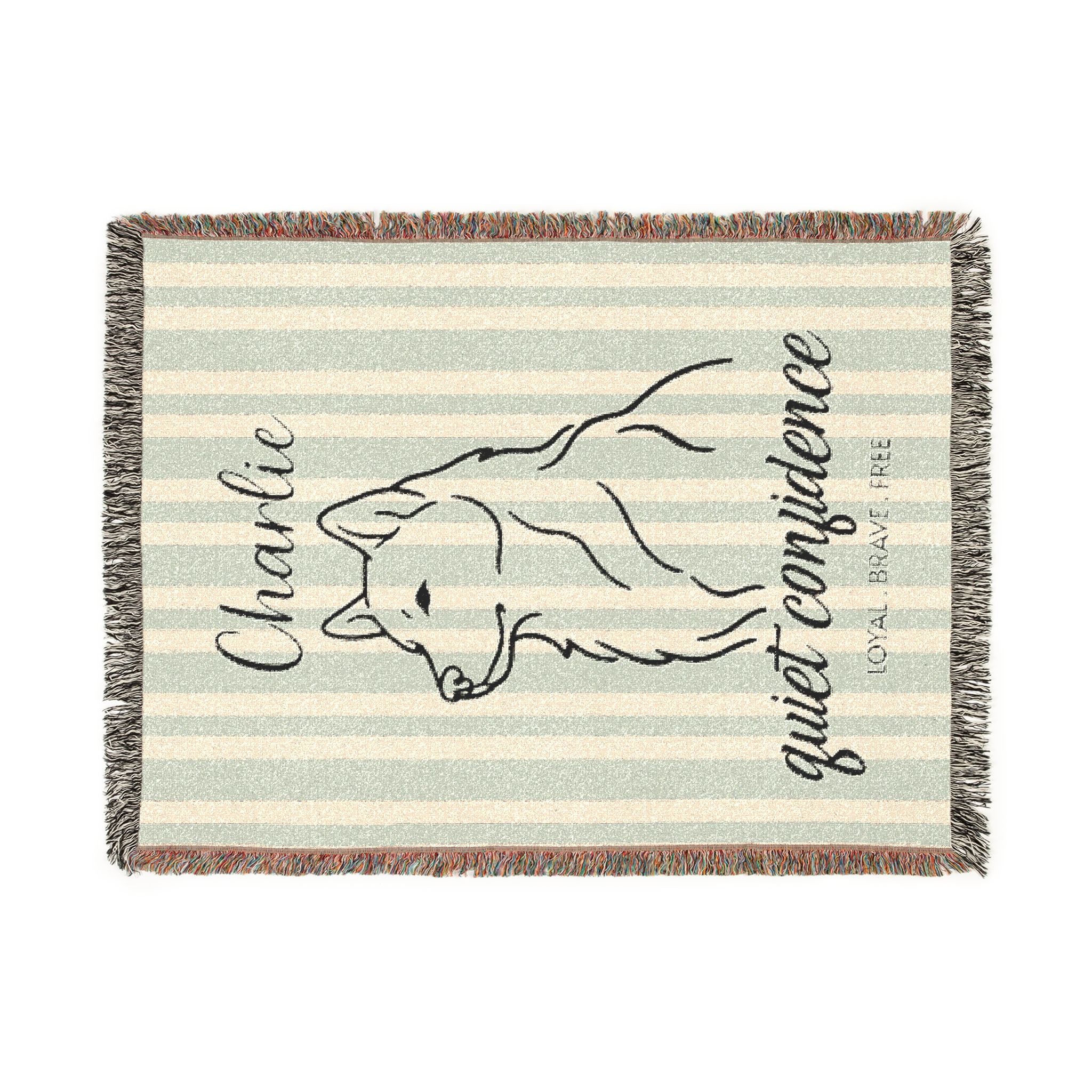 Custom Name Husky Minimalistic Line Art Woven Blanket — "Quiet Confidence - Loyal, Brave, Free" Striped Dog Throw (Seafoam & Charcoal) — view 10