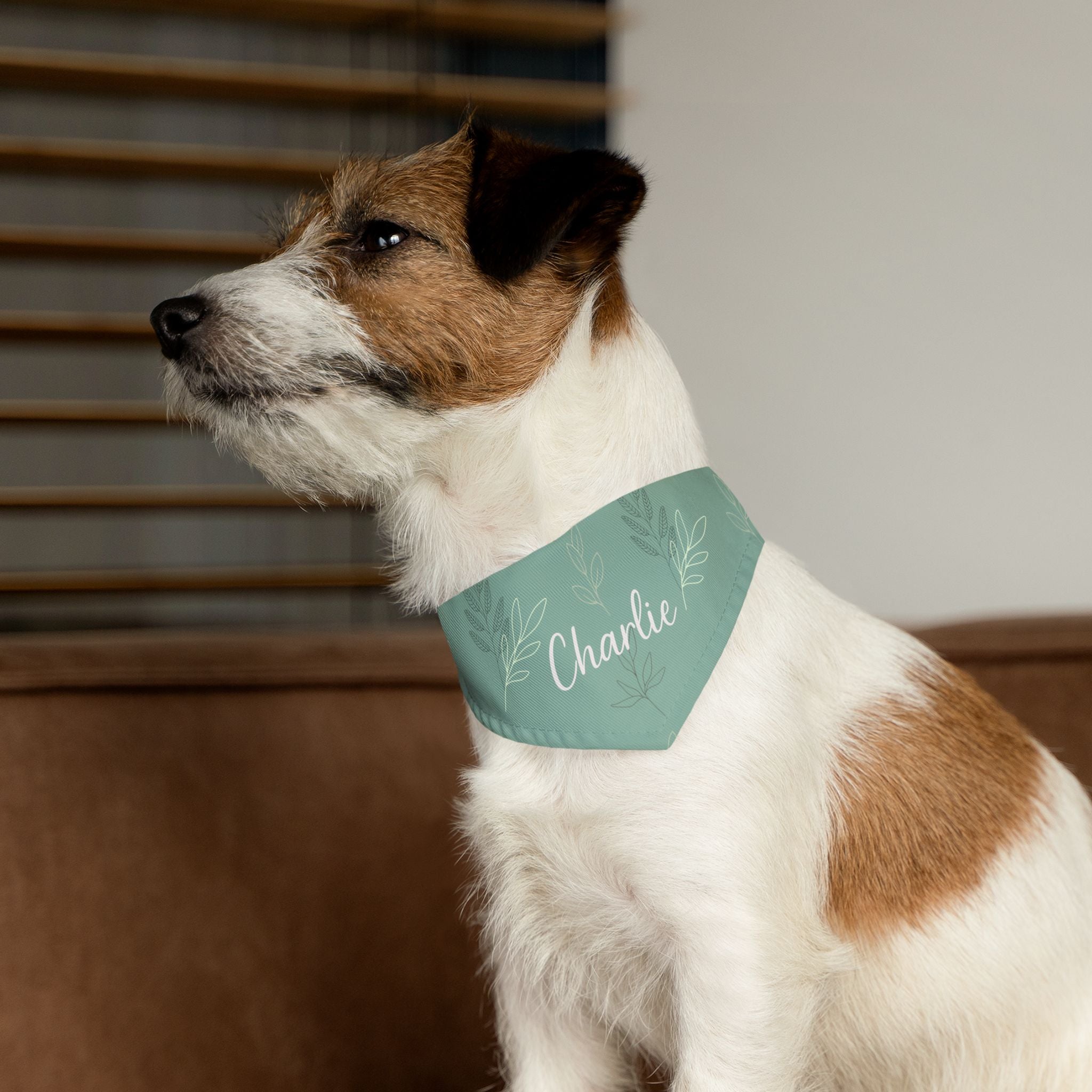 Custom Name Sage Green Botanical Dog Bandana | Adjustable Collar Bandana with Leash D-Ring | Minimalist Luxury Neutral Pet Accessories — view 9