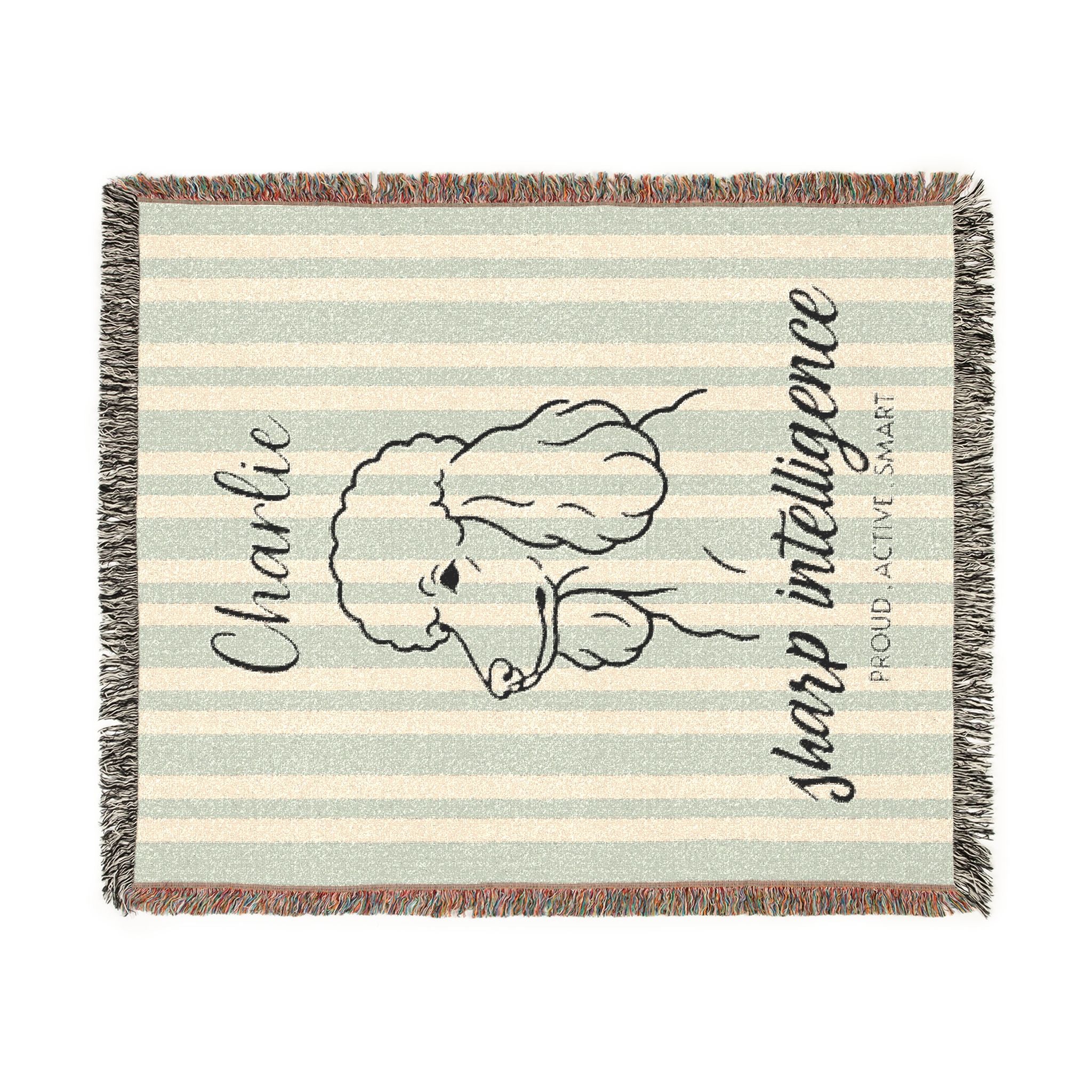 Custom Name Poodle Minimalistic Line Art Woven Blanket — "Sharp Intelligence - Proud, Active Smart" Striped Dog Throw — view 7
