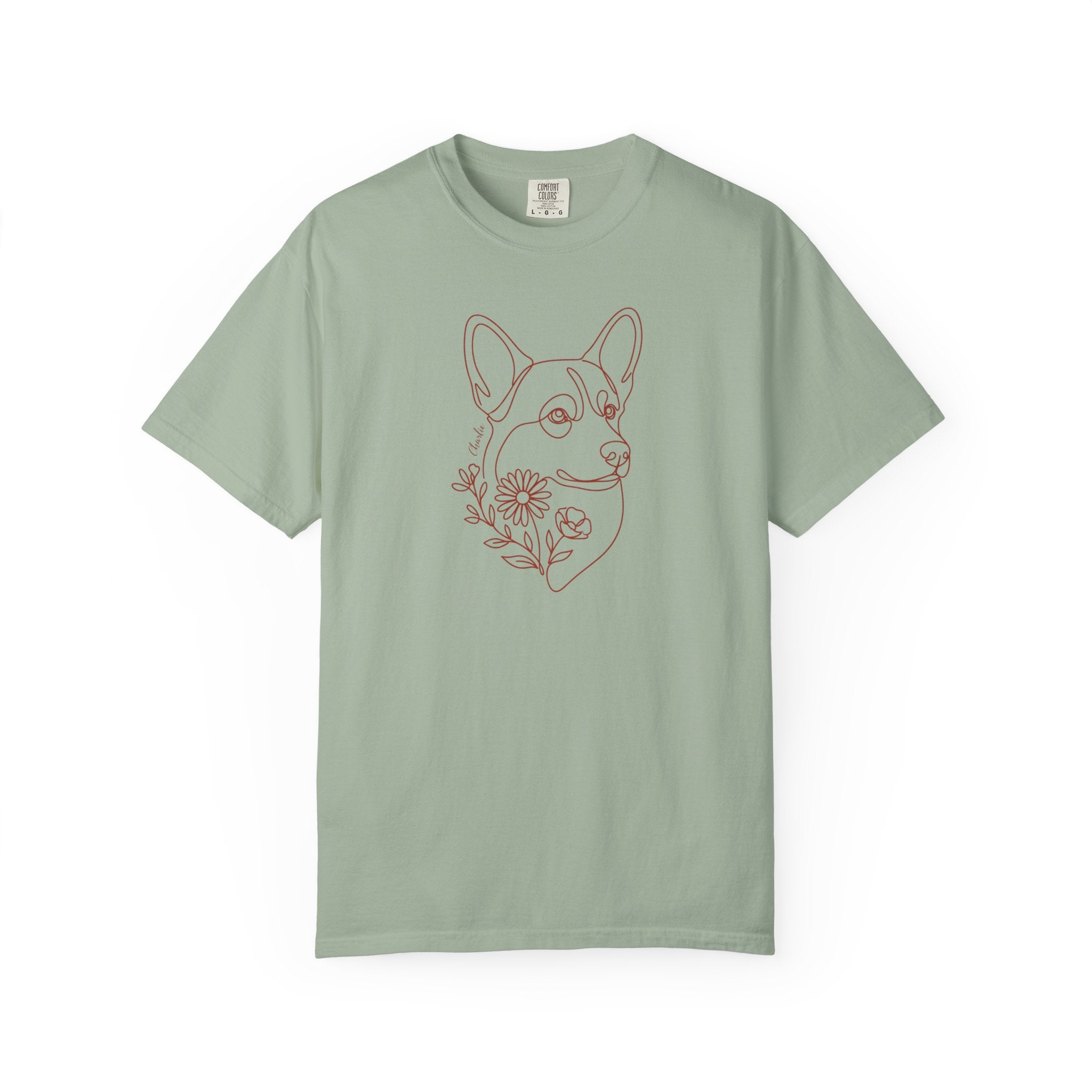 Minimalistic Corgi Pet Botanical Line Art — Cozy Flower Dog Lounge Graphic T-Shirt — view 2