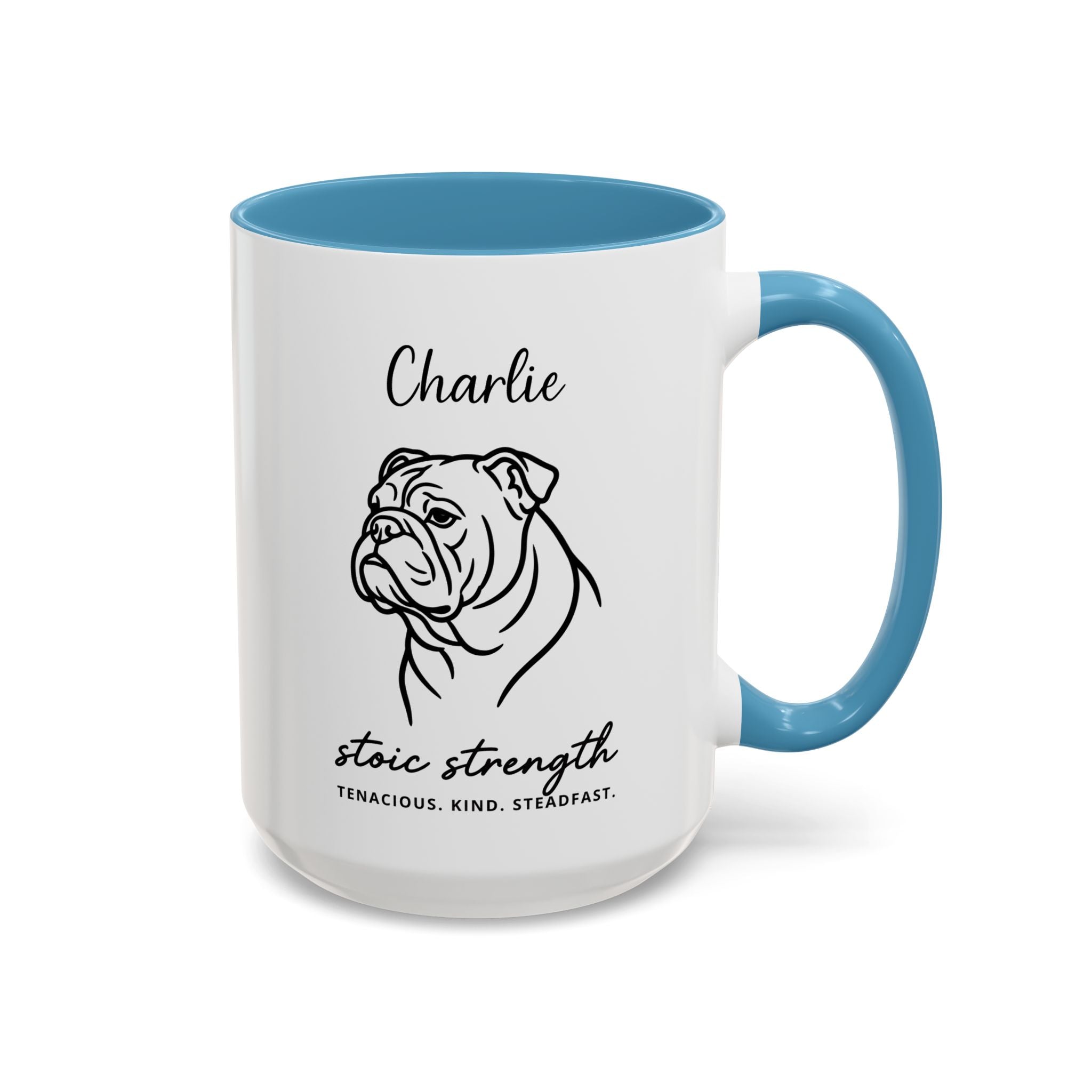 Custom Name Bulldog Portrait Illustration Accent Coffee Mug (11, 15oz) - Stoic Strength - Tenacious, Kind, Steadfast
