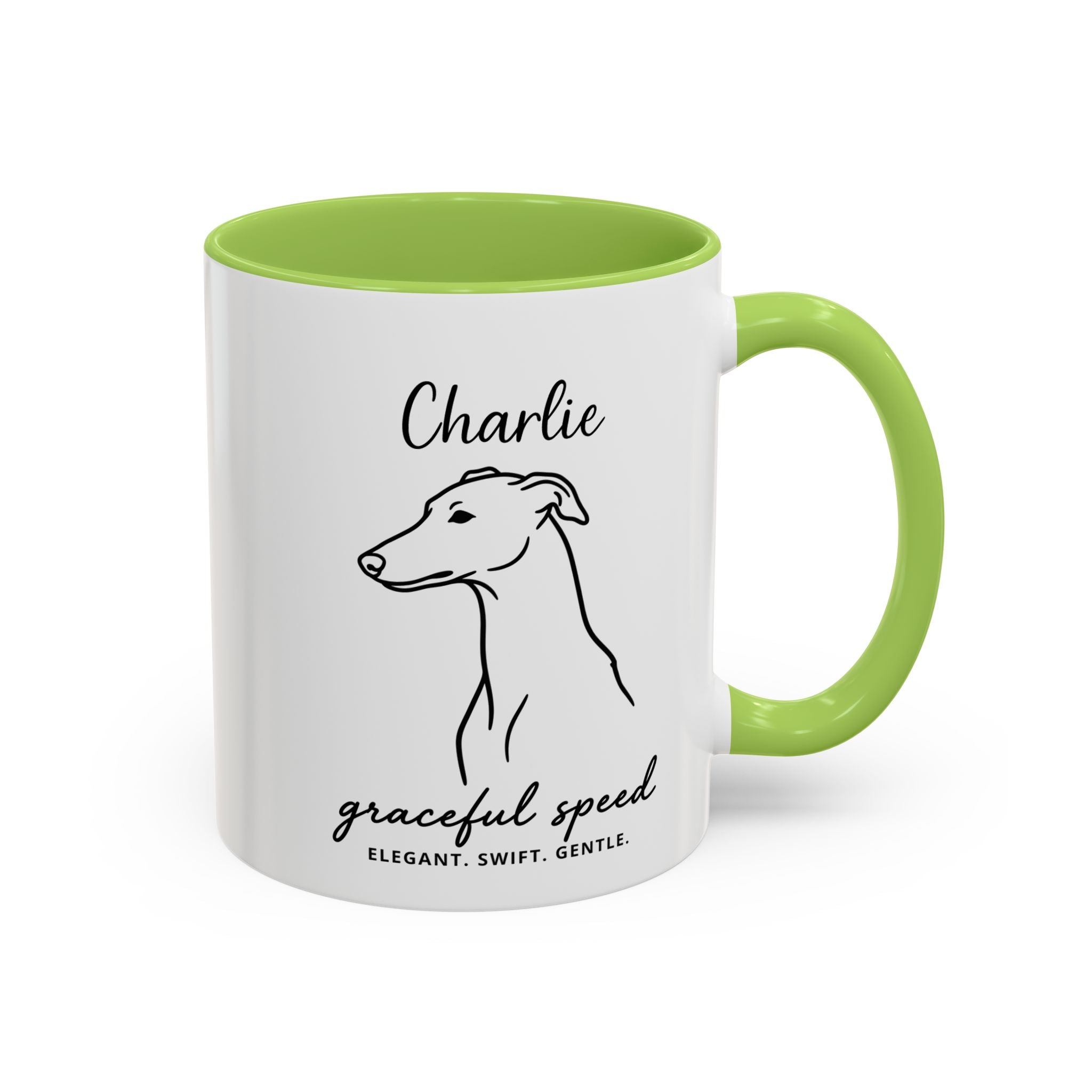 Custom Name Greyhound Portrait Illustration Accent Coffee Mug (11, 15oz) - Graceful Speed - Elegant, Swift, Gentle