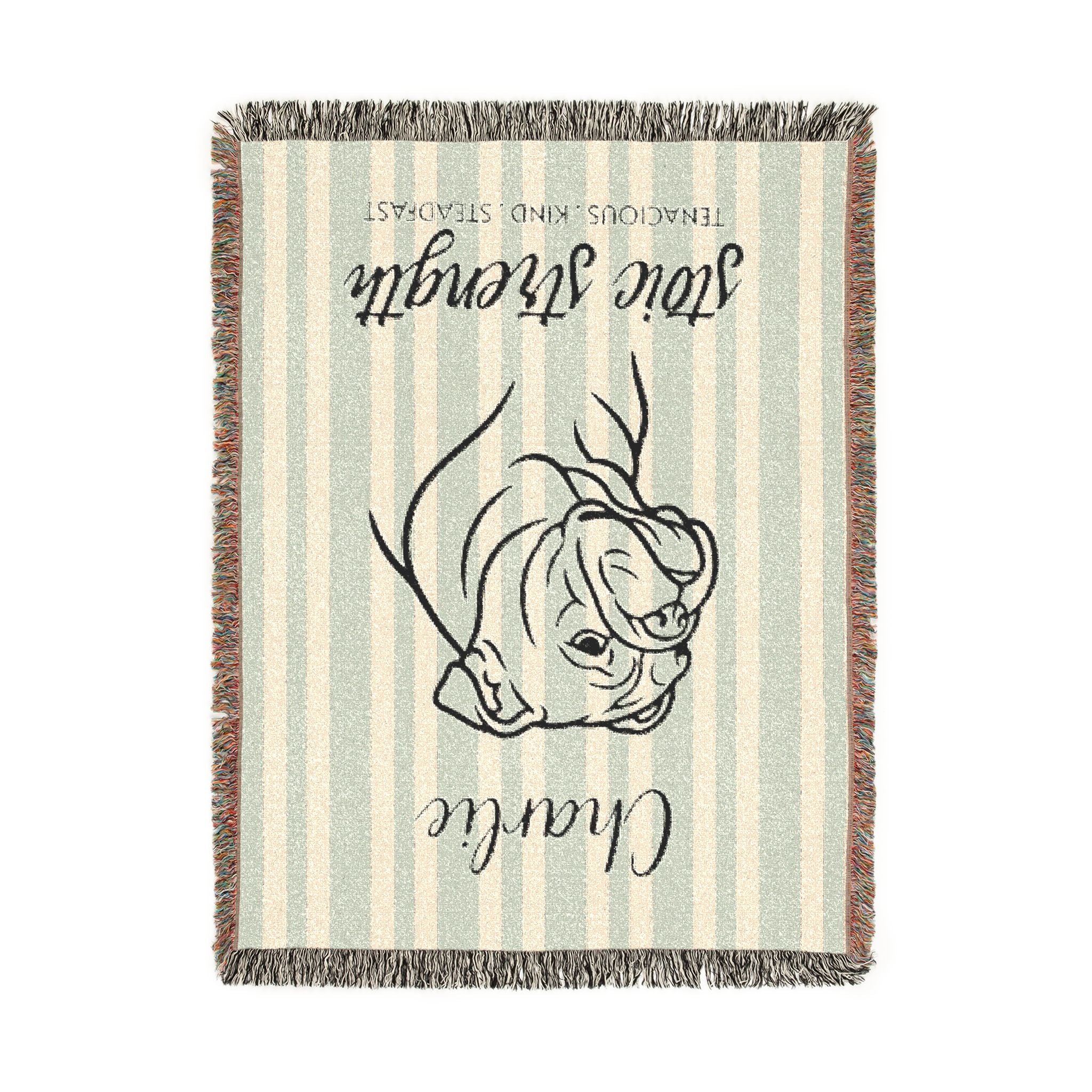Custom Name Bulldog Minimalistic Line Art Woven Blanket — "Stoic Strength - Tenacious, Kind, Steadfast" Striped Dog Throw — view 11