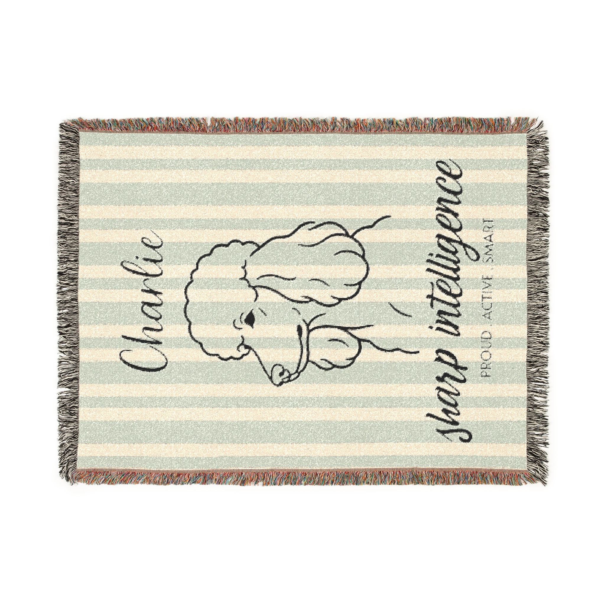 Custom Name Poodle Minimalistic Line Art Woven Blanket — "Sharp Intelligence - Proud, Active Smart" Striped Dog Throw — view 10