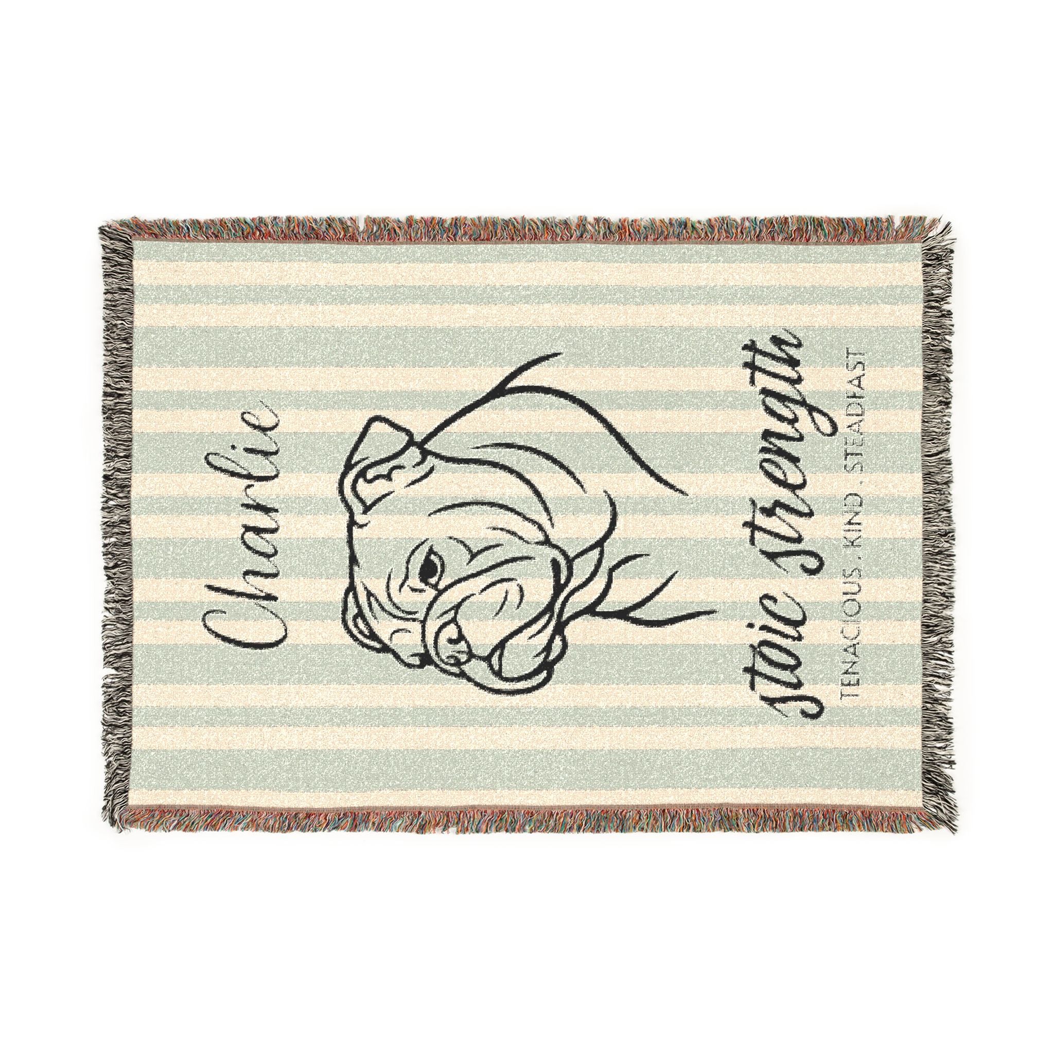 Custom Name Bulldog Minimalistic Line Art Woven Blanket — "Stoic Strength - Tenacious, Kind, Steadfast" Striped Dog Throw — Aspen Paws