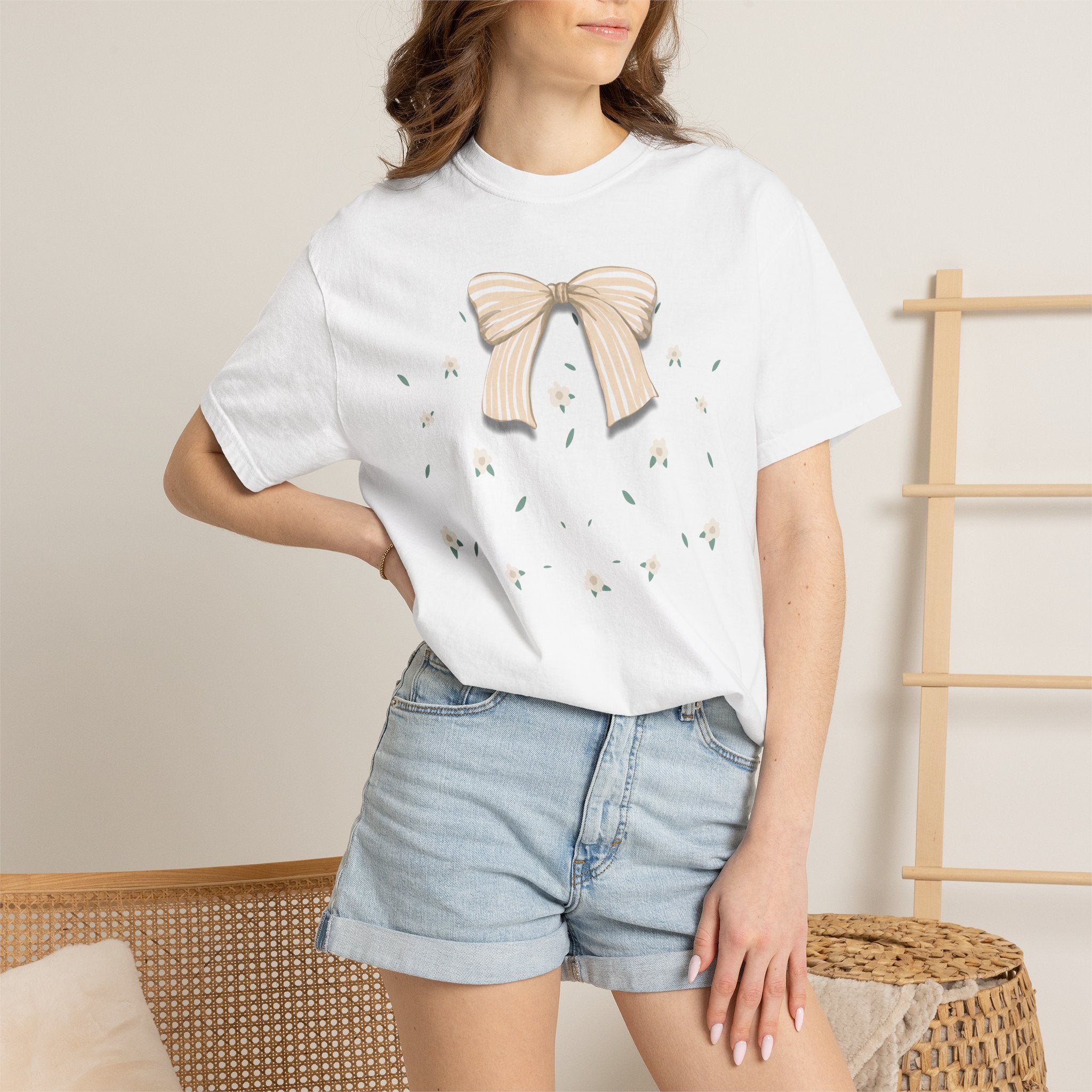 Custom Name Dog Mom T-Shirt | Neutral Ribbon Bow & Floral Graphic Tee | Matching Pet & Owner Quiet Luxury Apparel — view 4