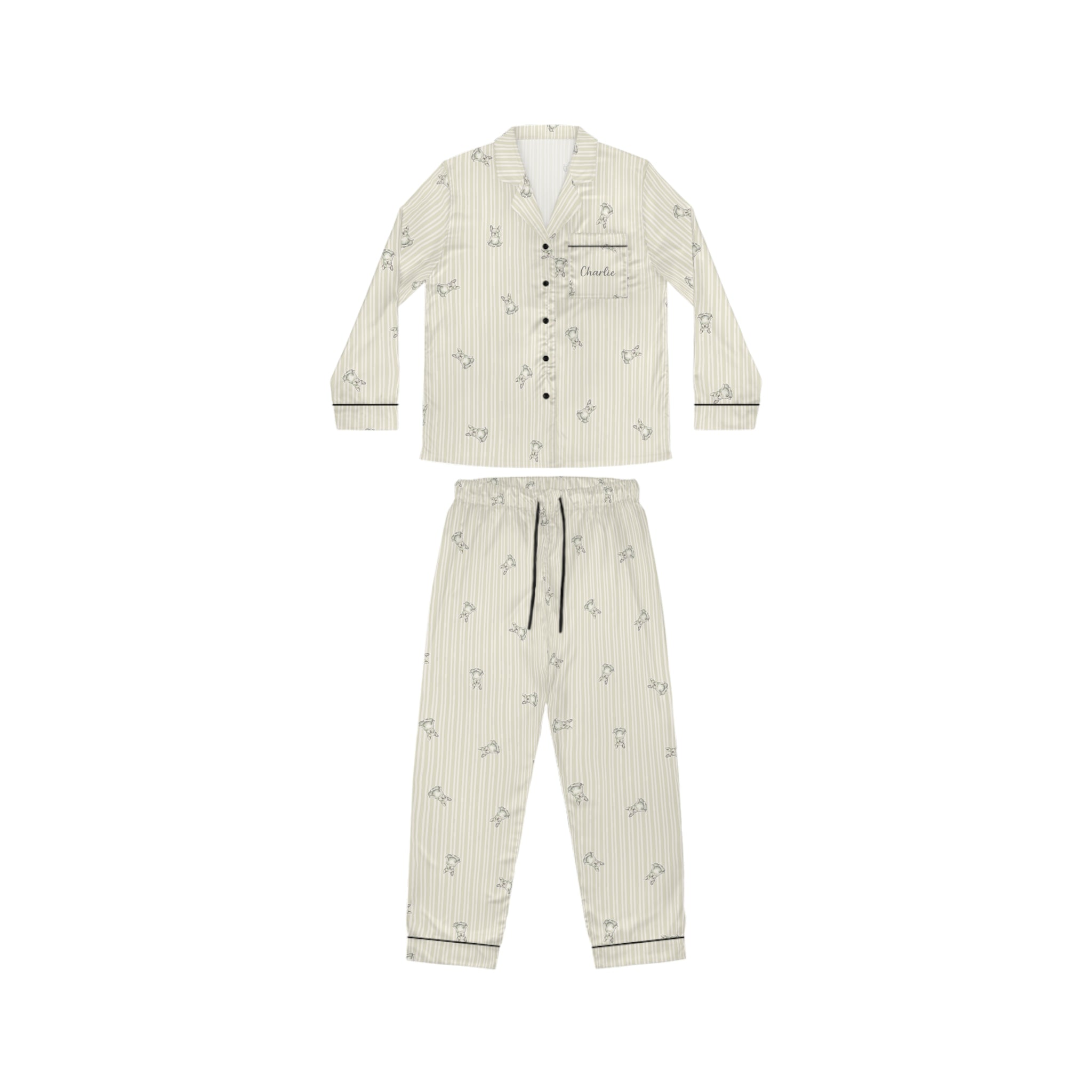 The Meditation Pajamas — Watercolor Frenchie, Pinstripe Satin — Aspen Paws