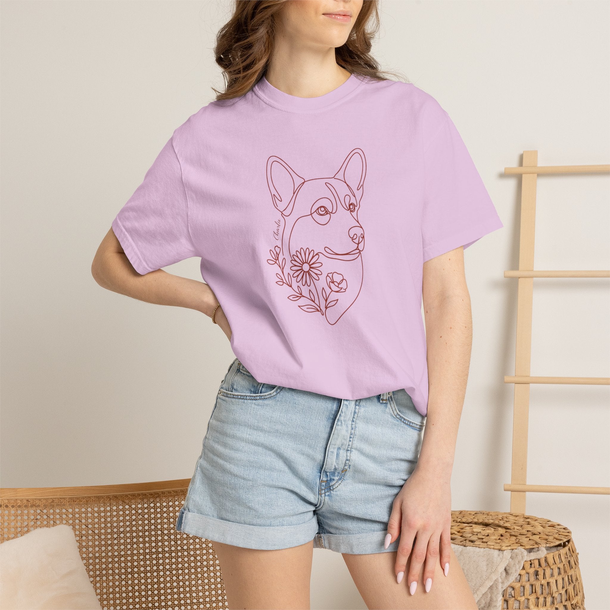 Minimalistic Corgi Pet Botanical Line Art — Cozy Flower Dog Lounge Graphic T-Shirt — view 17