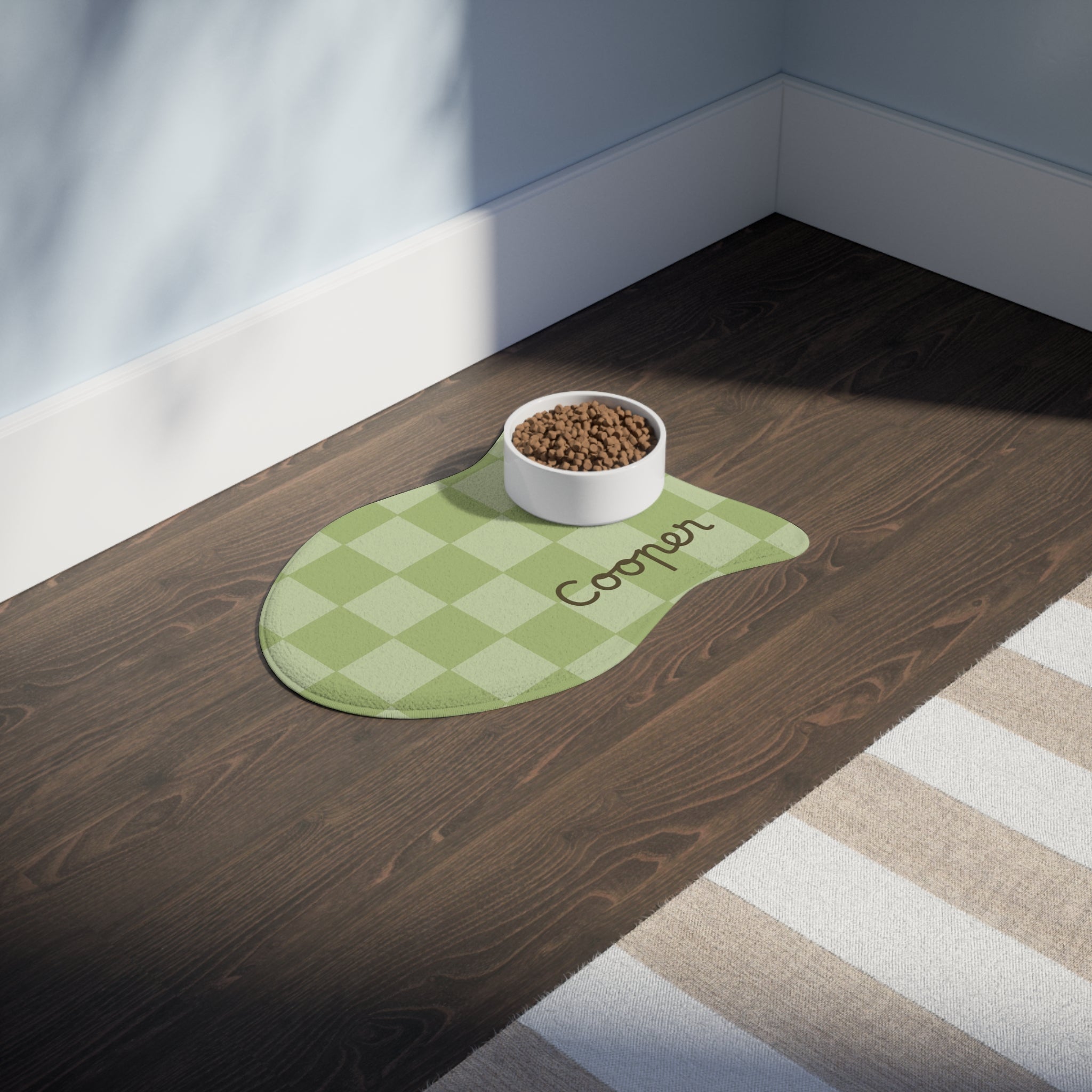Sage Green Personalized Checkered Pet Feeding Mat — Custom Name Dog Bowl Placemat — view 11